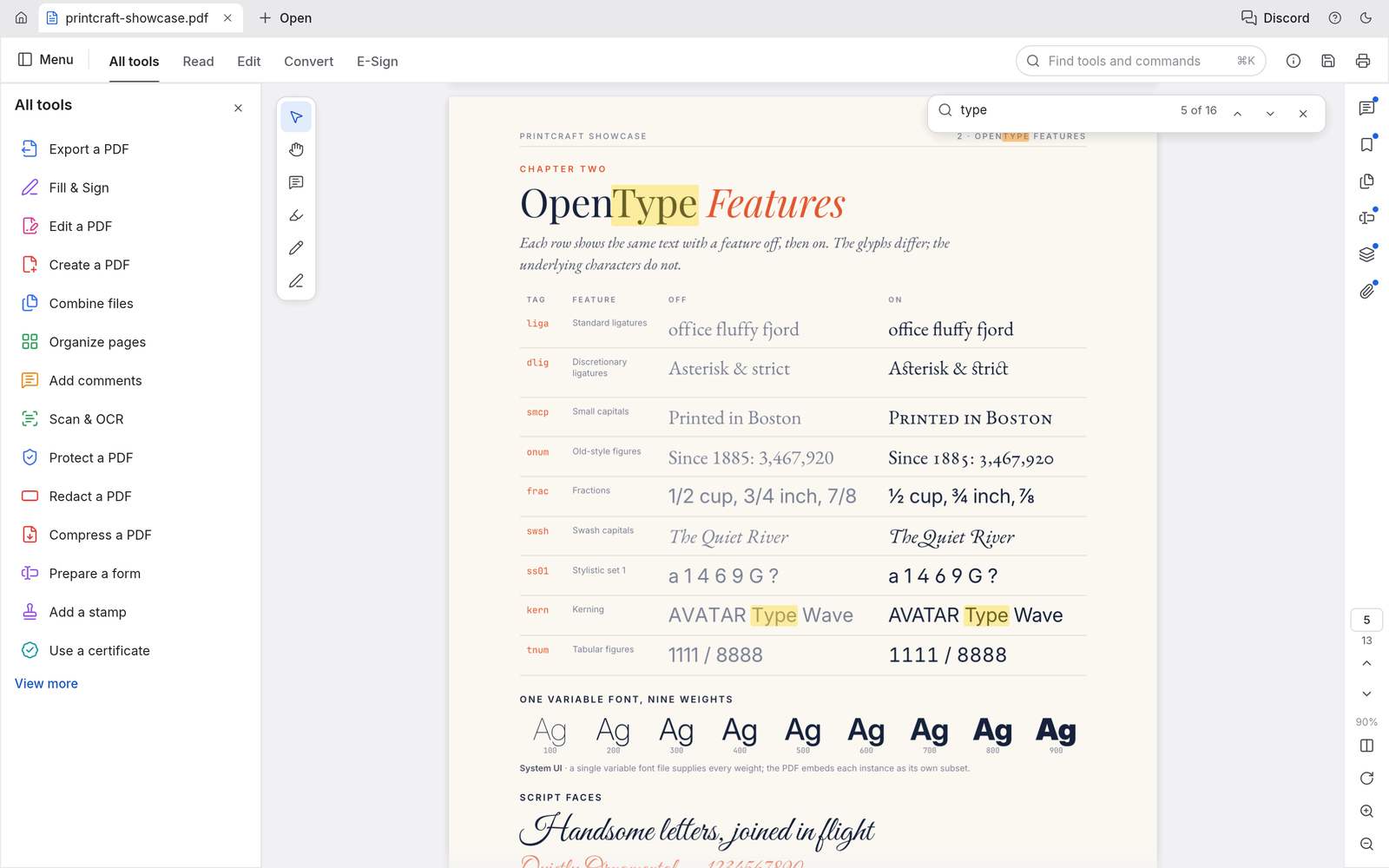 The find bar showing match 10 of 16 for the word 'type', highlighted in the Expressive Type chapter heading