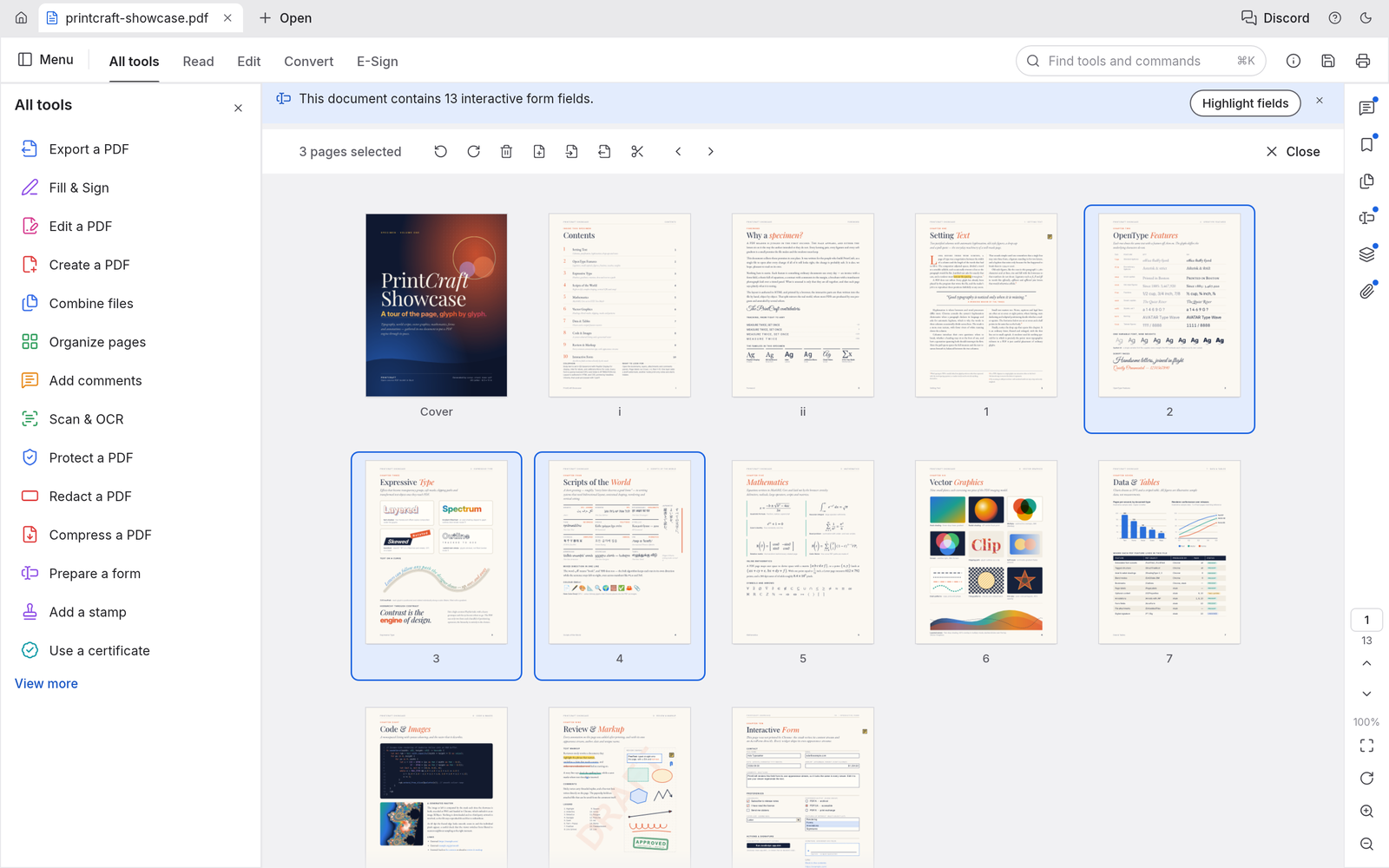 The Organize pages grid with the showcase's pages as thumbnails, three of them selected, and the page toolbar above
