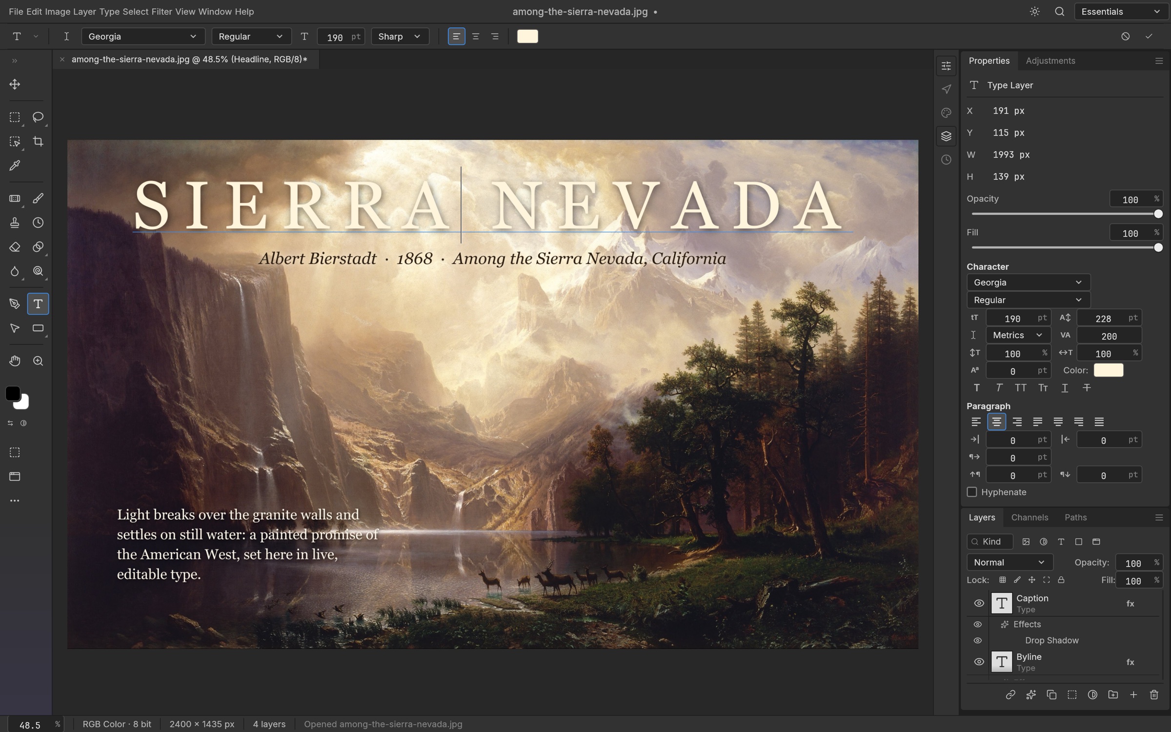 Bierstadt's Among the Sierra Nevada with the headline SIERRA NEVADA being edited on the canvas in Georgia, a byline, and a paragraph caption; the Character and Paragraph controls are open