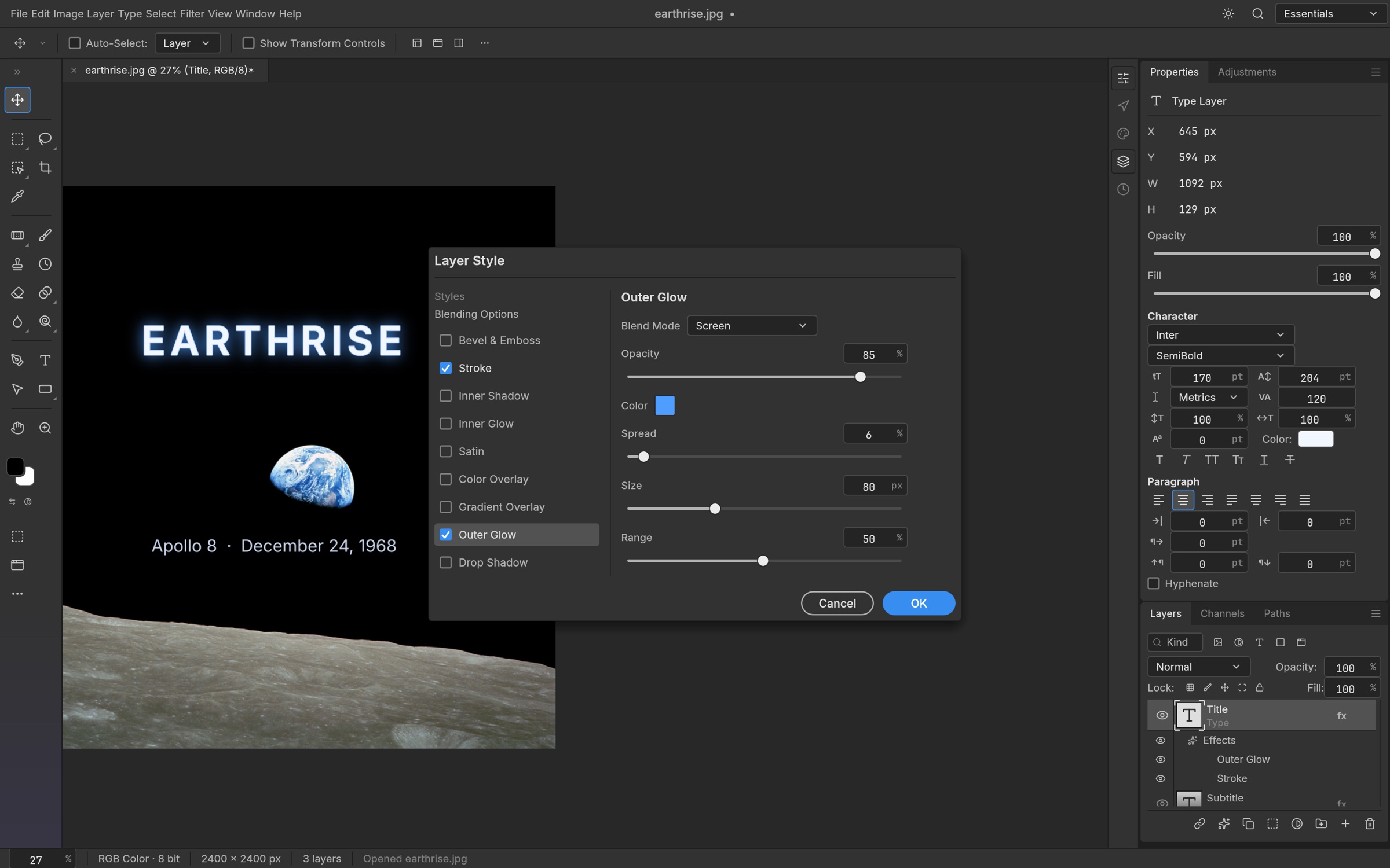 Outer Glow and Stroke on live type, in the Layer Style dialog