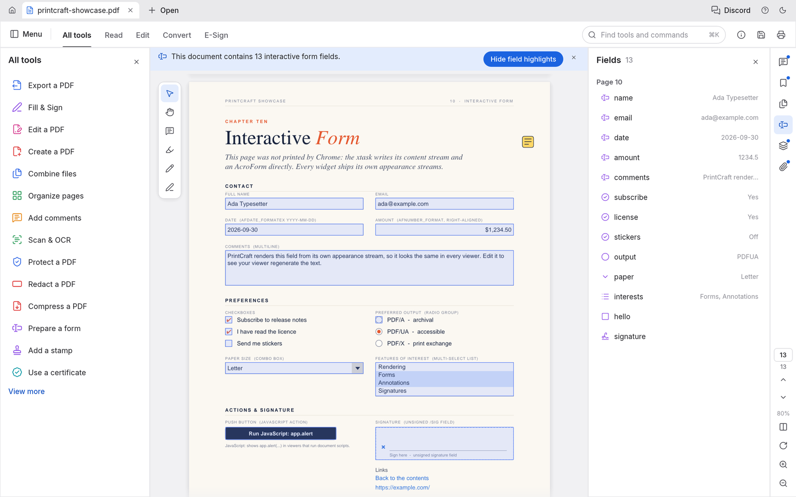 The Interactive Form page with highlighted text fields, checkboxes, radio buttons, a list and a signature field, and the Fields panel listing all 13 fields and their values
