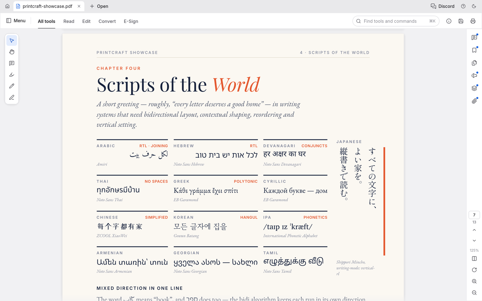 The Scripts of the World page: Arabic, Hebrew, Devanagari, Thai, Greek, Cyrillic, Chinese, Korean, IPA, Armenian, Georgian and Tamil samples, with vertical Japanese in the right margin