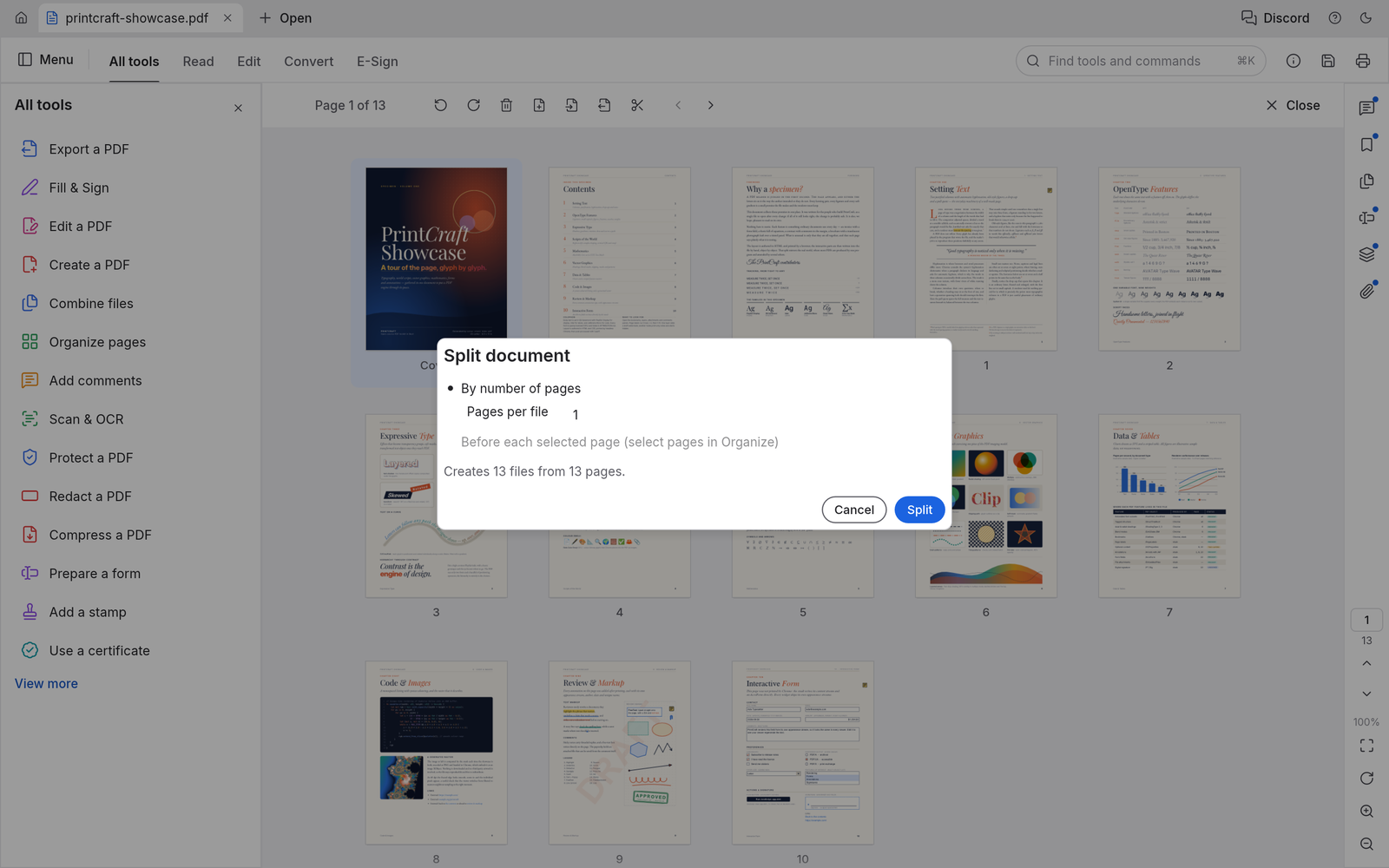 The Split document dialog over the organize view, set to one page per file and reporting that it creates 13 files from 13 pages