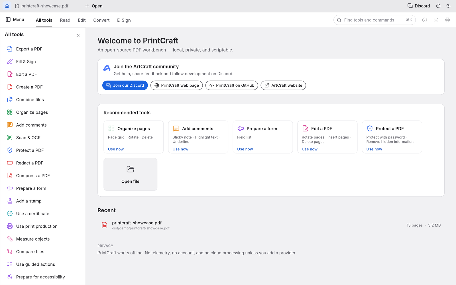 The Welcome to PrintCraft home screen with recommended tools, a recent file, a privacy note, and the full tool catalogue in the side panel