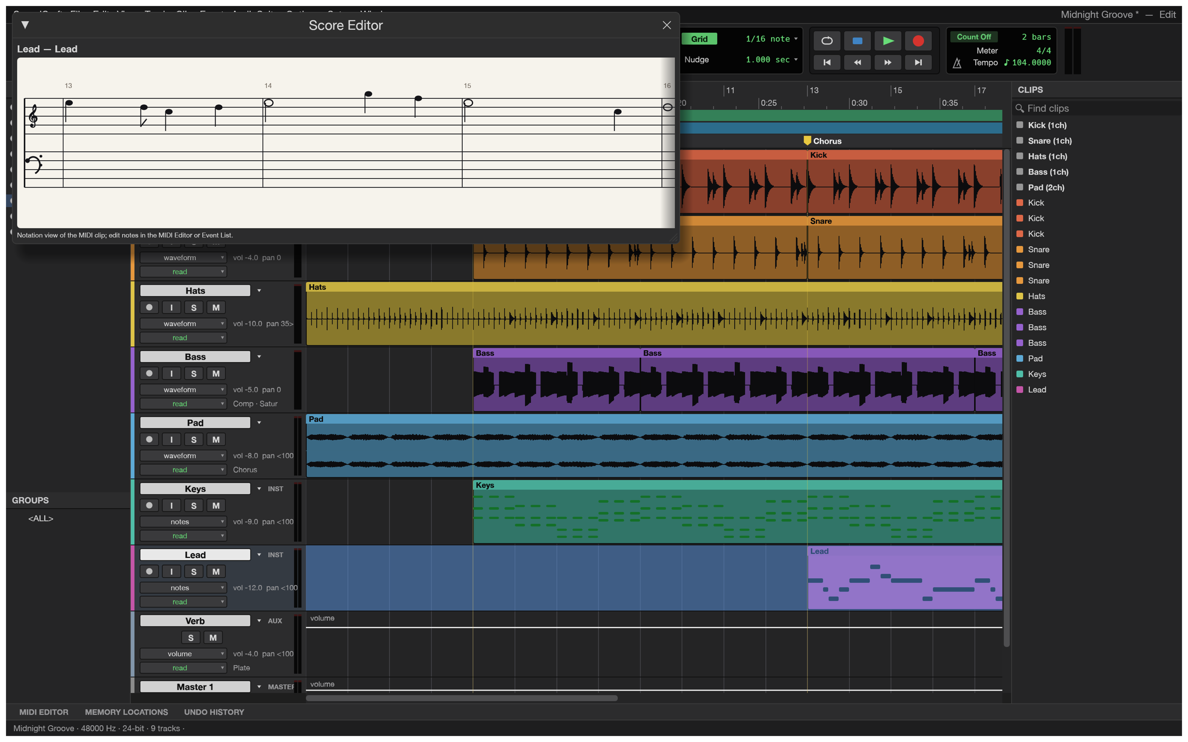 The Score Editor showing the lead melody in standard notation on a treble and bass staff