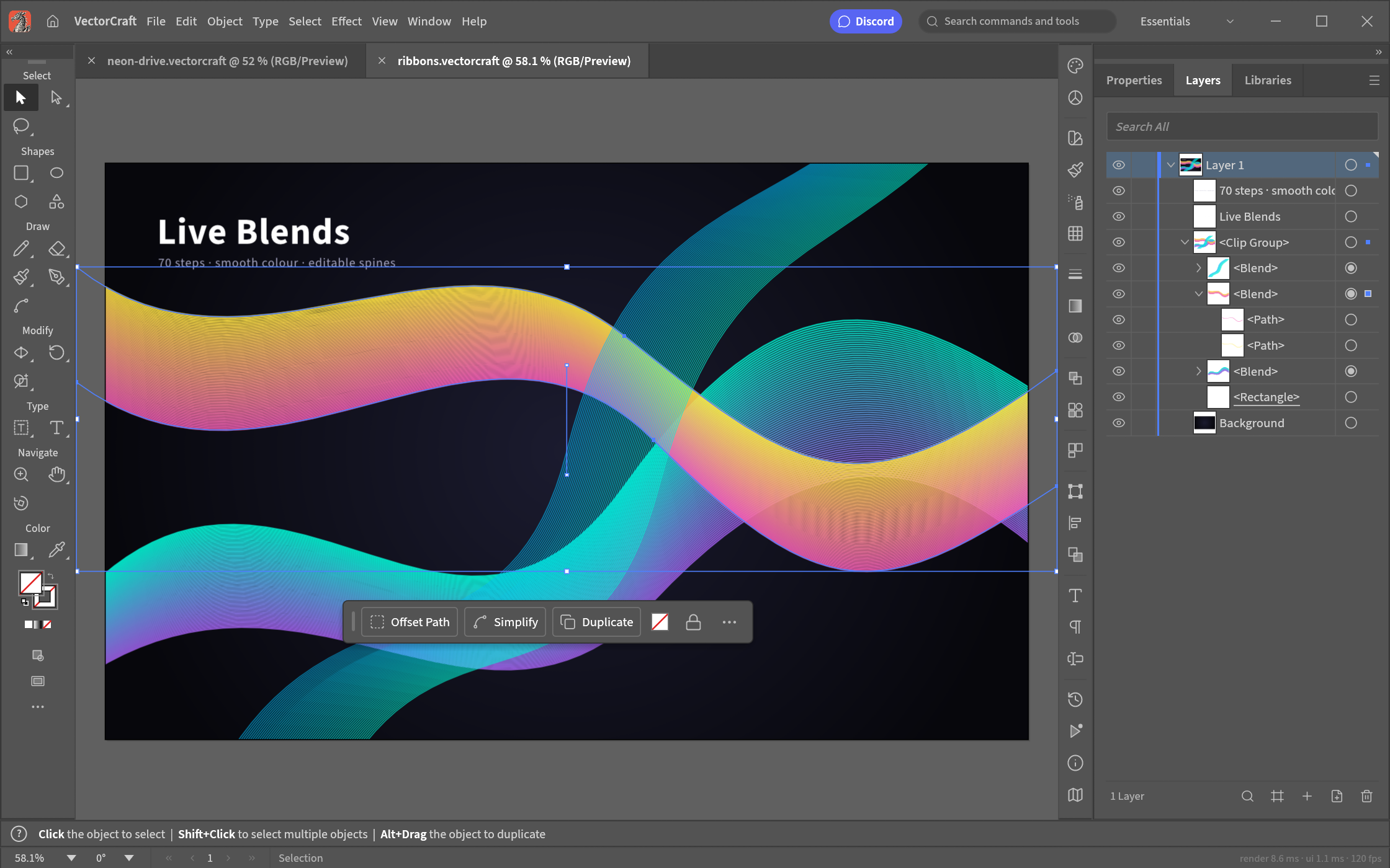 Three live blend ribbons clipped to the artboard, one selected with its key paths showing; the Layers panel lists the clip group, the blends and the selected blend's two key paths