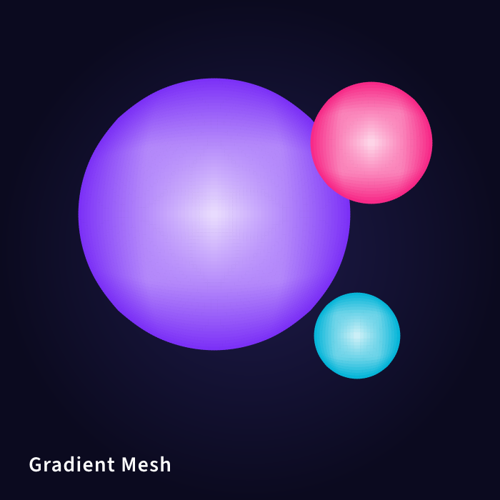 Gradient Mesh: three softly shaded purple, pink and cyan spheres on a dark background