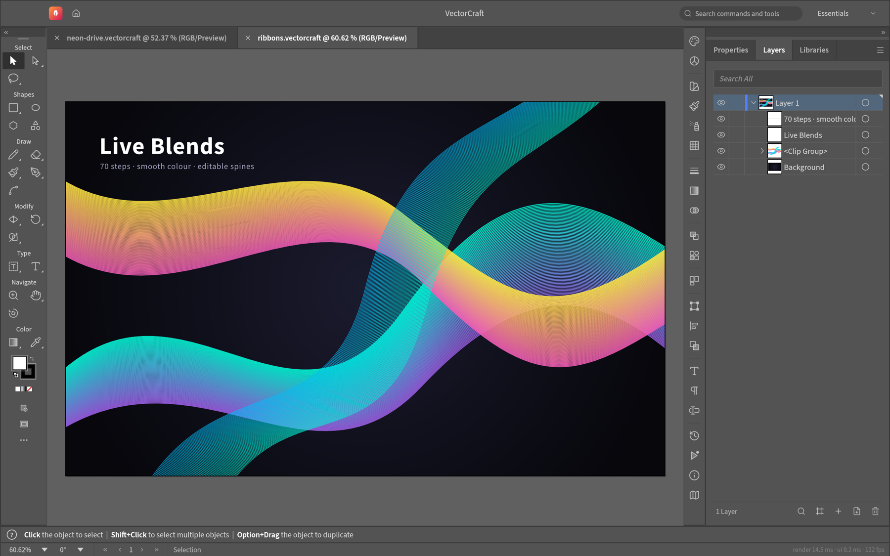 Three live blend ribbons of 55 to 70 steps with smooth colour, clipped to the artboard, with the Layers panel open