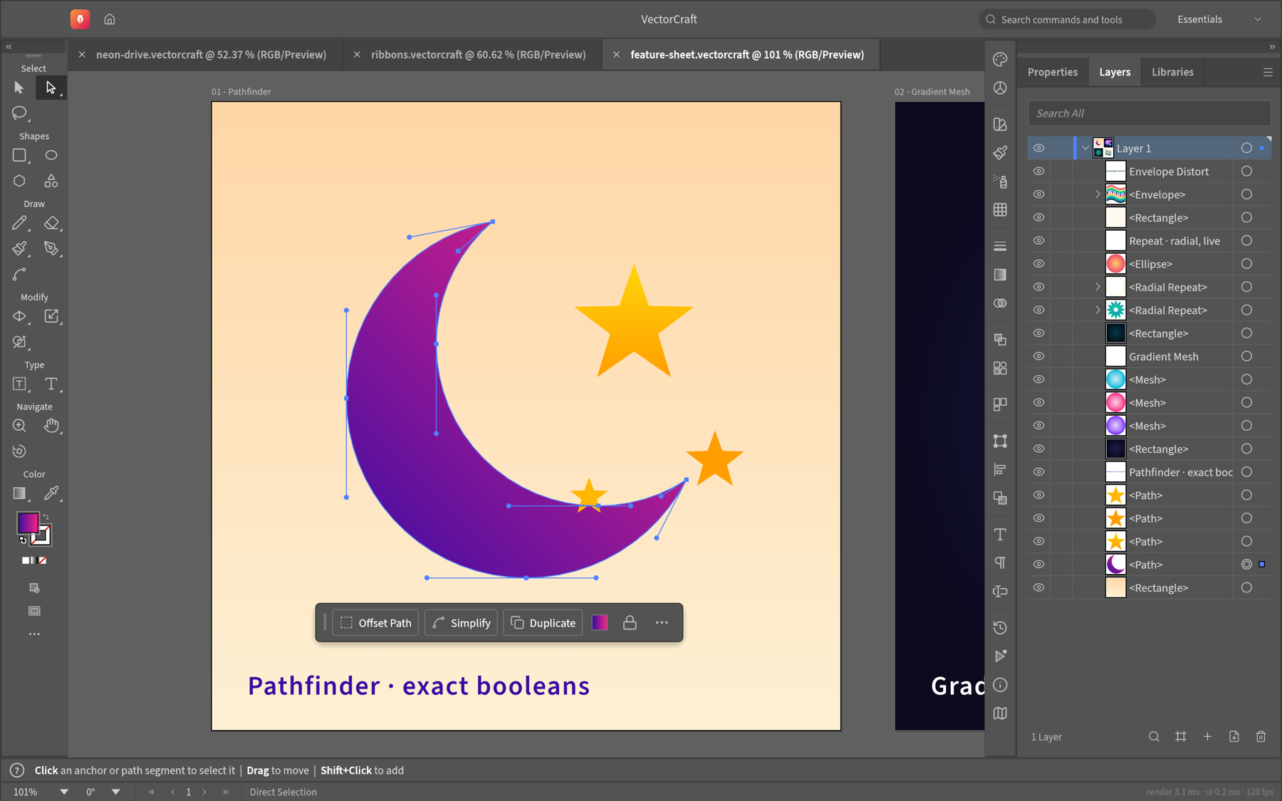 Direct Selection tool showing anchor points and Bézier handles on a crescent built with Pathfinder, with the contextual task bar below it