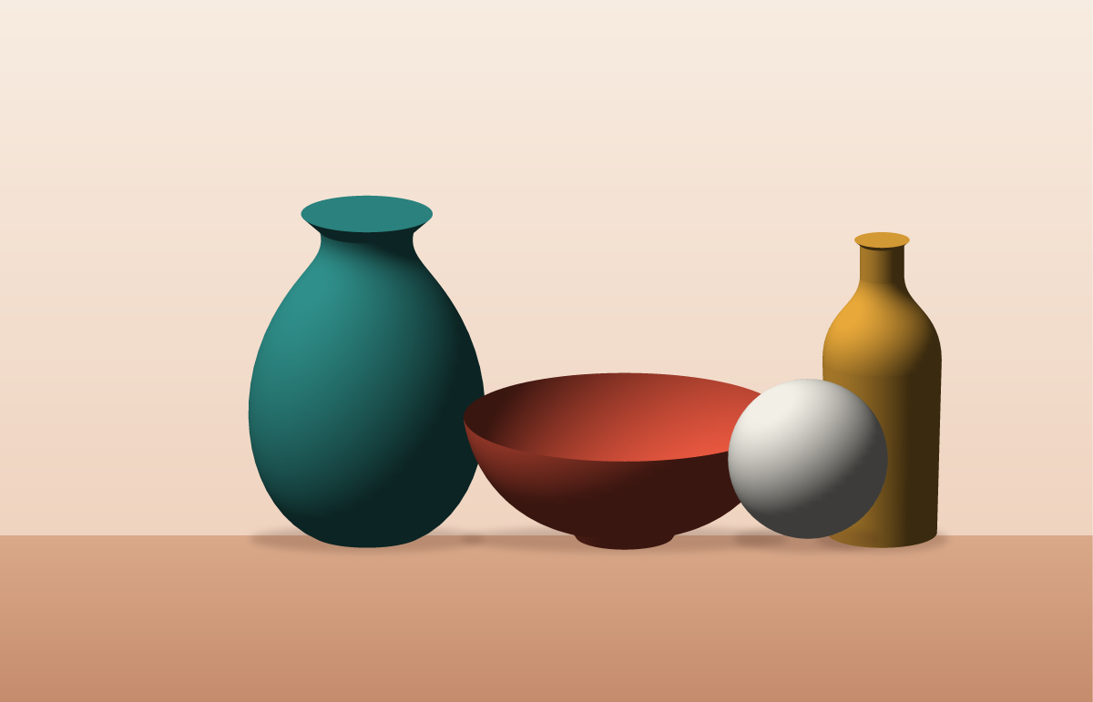 Still life: a teal vase, a coral bowl, a white sphere and a mustard bottle on a warm table, all made with 3D Revolve