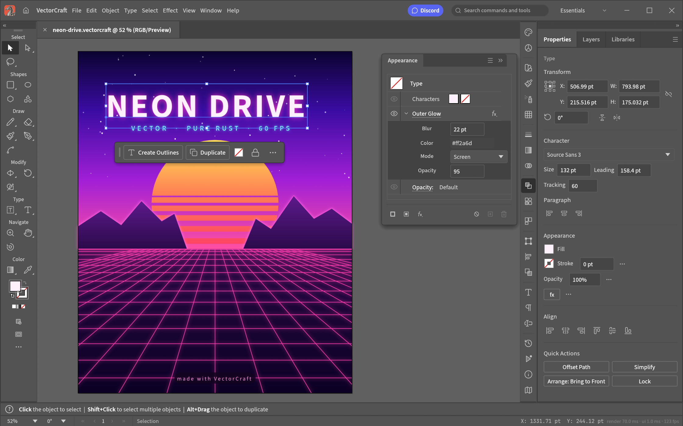 VectorCraft 官方 Neon Drive 海報編輯介面，右側展示文字與即時外光暈設定