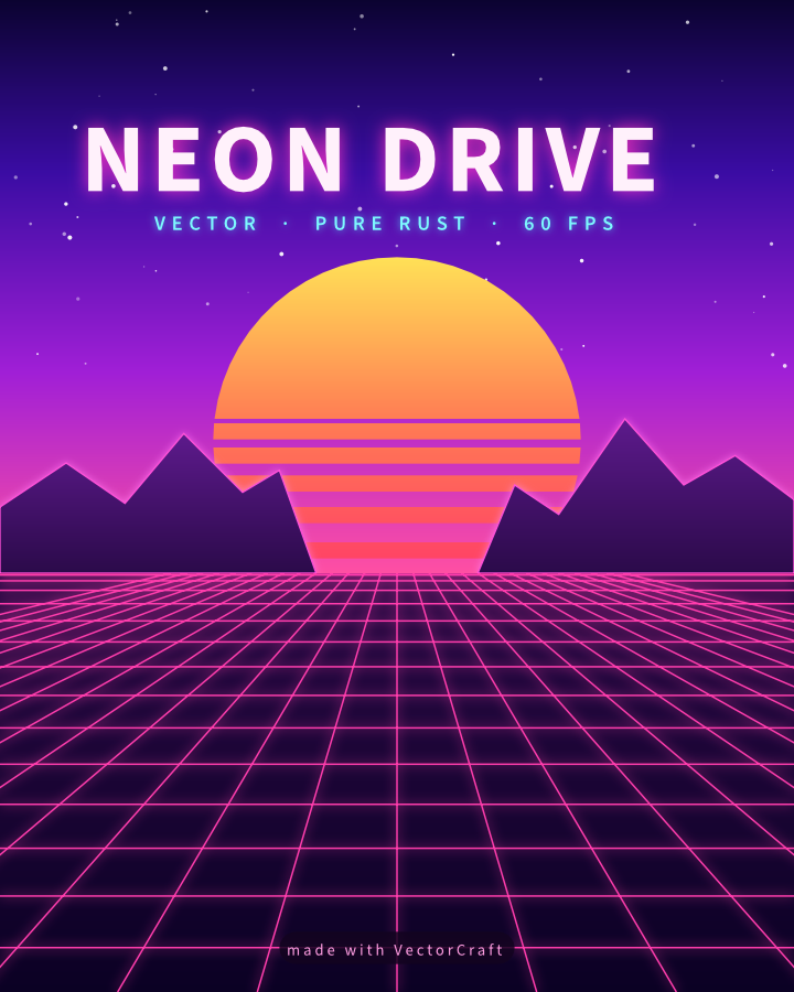 Neon Drive synthwave poster: a striped orange sun setting between purple mountains over a glowing pink grid