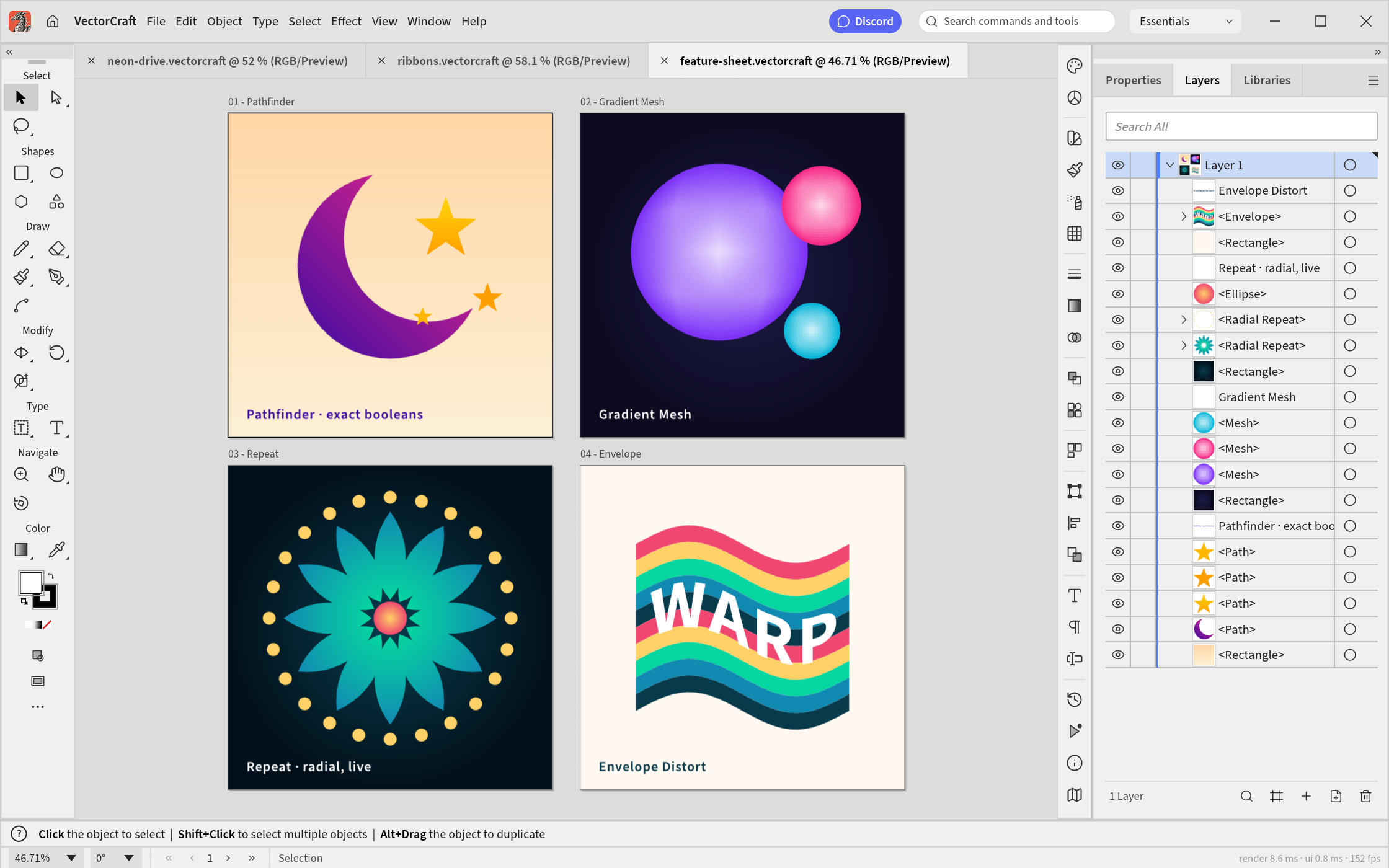 Four artboards in the light UI theme: Pathfinder, Gradient Mesh, radial Repeat and Envelope Distort