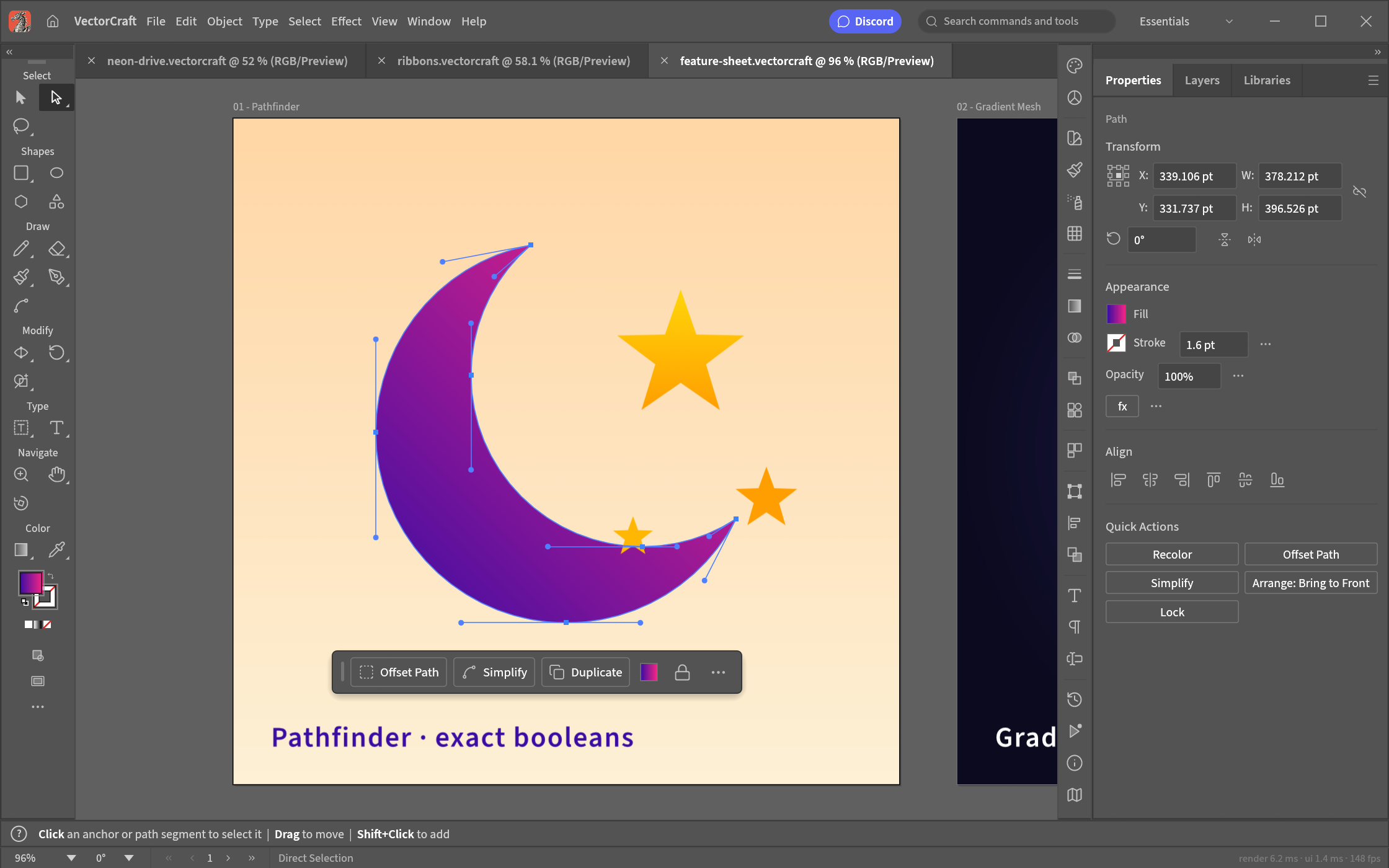 Official VectorCraft v0.9.0 interface showing selected crescent path with Bezier handles and anchor points in the central workspace