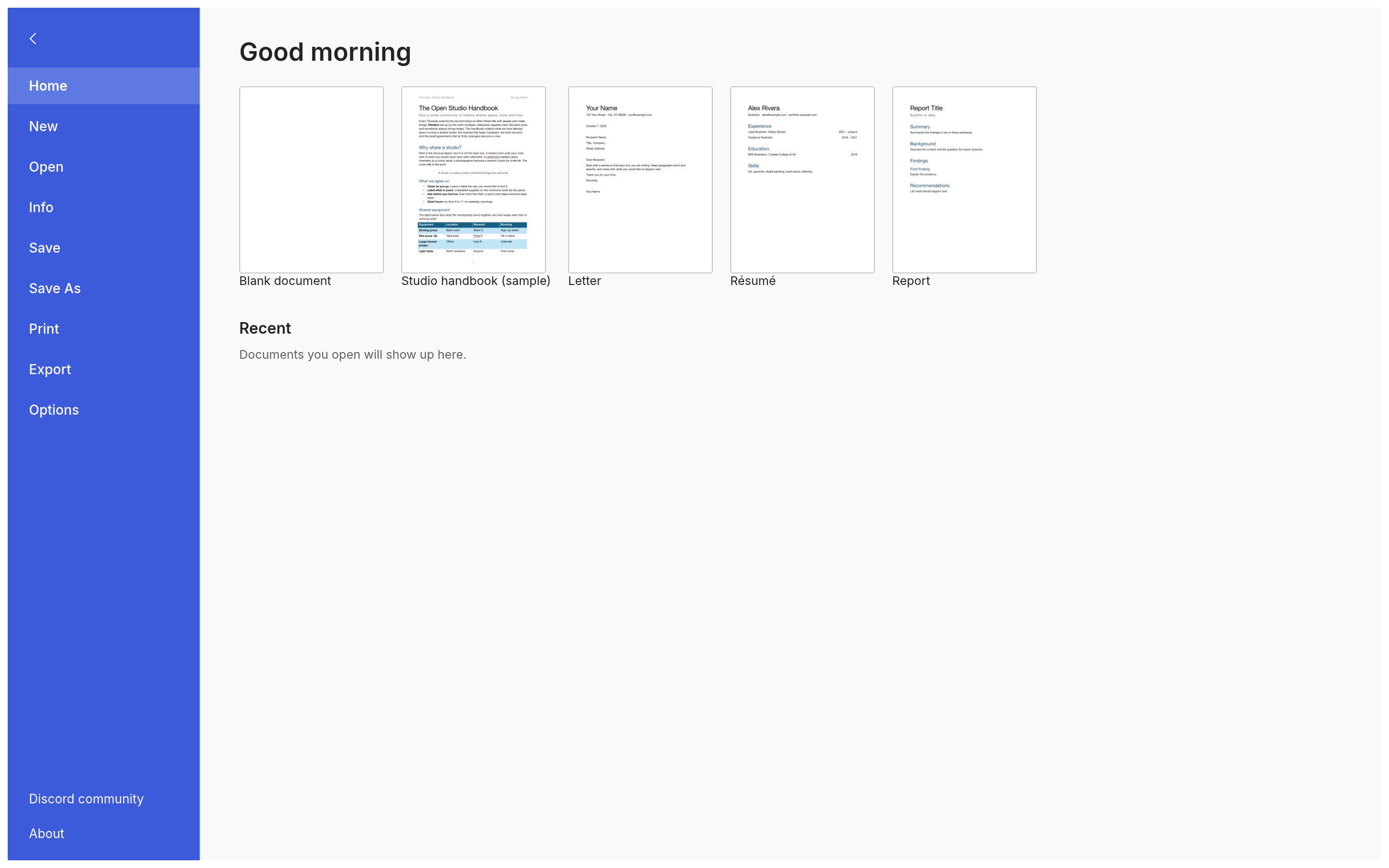The File tab start page with a Good morning greeting, thumbnails of the Blank document, Studio handbook, Letter, Résumé and Report templates, and a list of recent documents