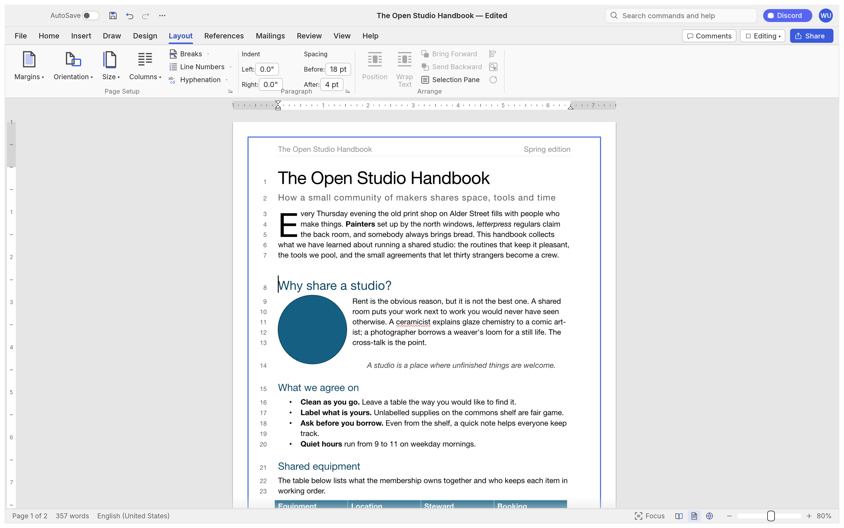 The Layout tab at 80% zoom: the first paragraph opens with a three-line drop cap E, a dark blue circle sits beside the second section with its paragraph wrapping around it and hyphenating art-ist at the line end, every line is numbered in the left margin and a thin blue border surrounds the page