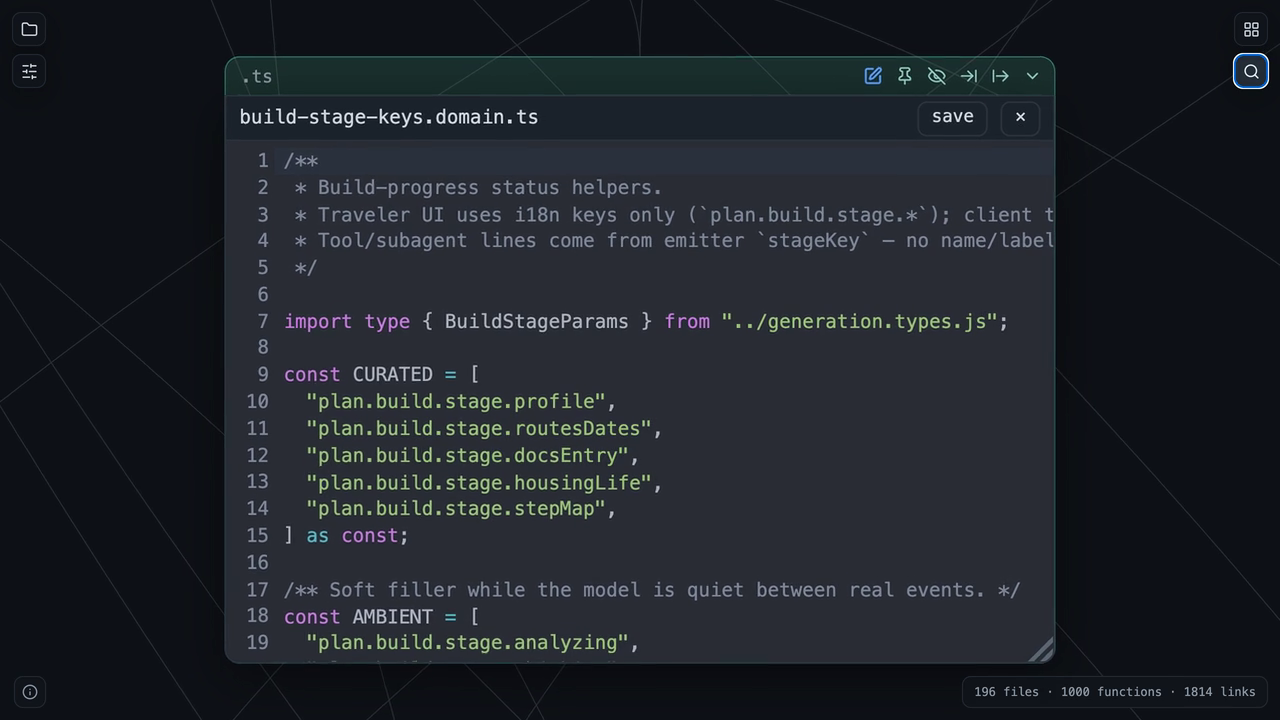 On-canvas editor — CodeMirror overlay with the graph behind it