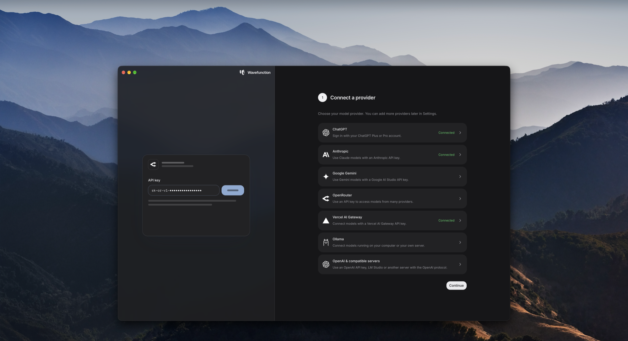 Setup, step 1: connect a provider