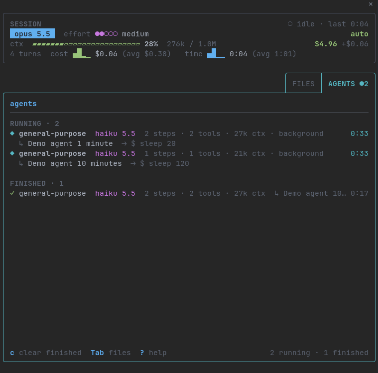 Claudashboard's agents tab: two subagents running with their task, current tool and timer, and one finished agent in the history