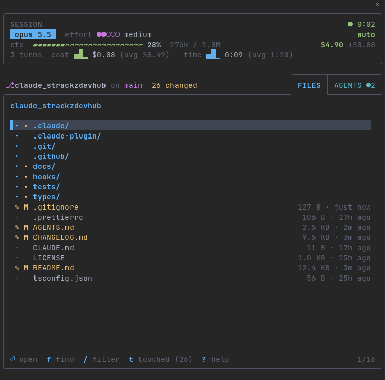 Claudashboard's files tab: the session box with the turns row, the project bar beside the tabs, and the explorer listing a git repository with its changed files marked
