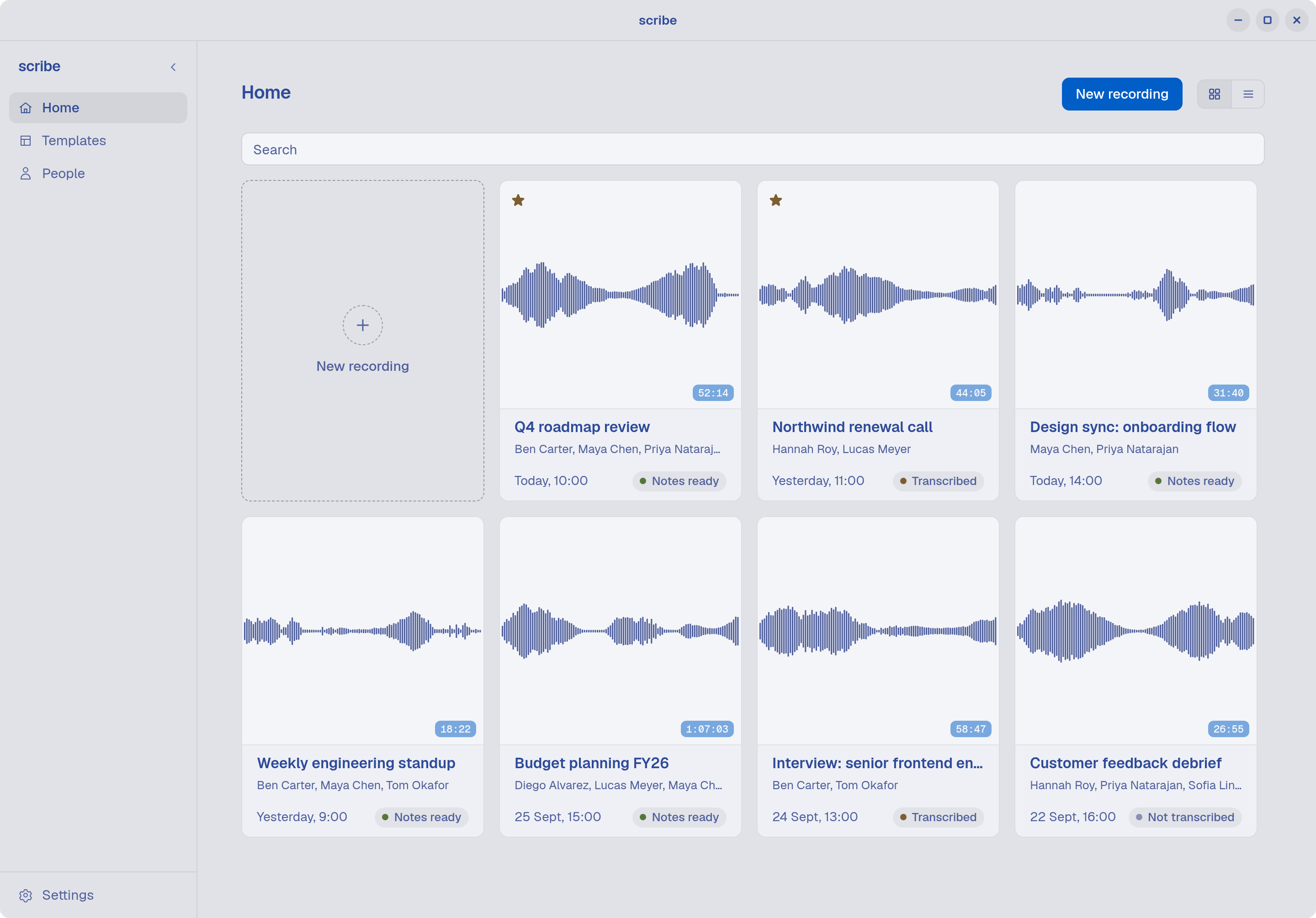 The Home screen, with recordings shown as tiles