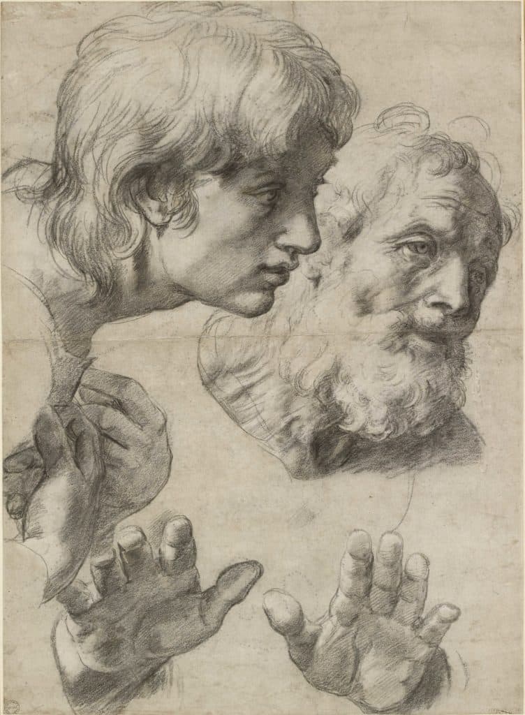 Studies of a Young Man's Head, an Old Man's Head, and Hands by Annibale Carracci (c. 1590-1595)