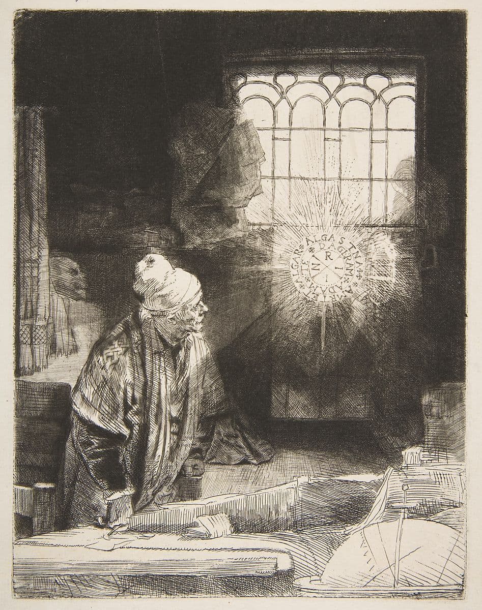 Faust in His Study, Watching a Magic Disk by Rembrandt van Rijn (c. 1652)