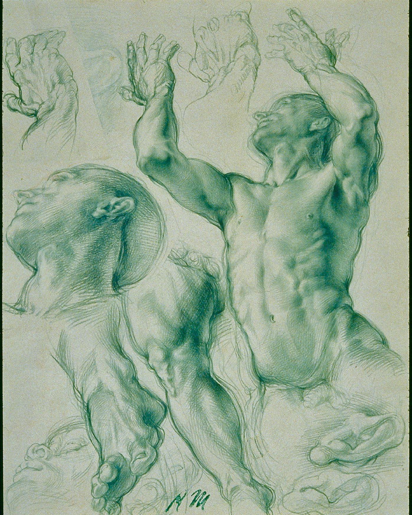 Studies of a Male Nude, with Arms Raised, and Other Studies by Peter Paul Rubens (c. 1609–1610)