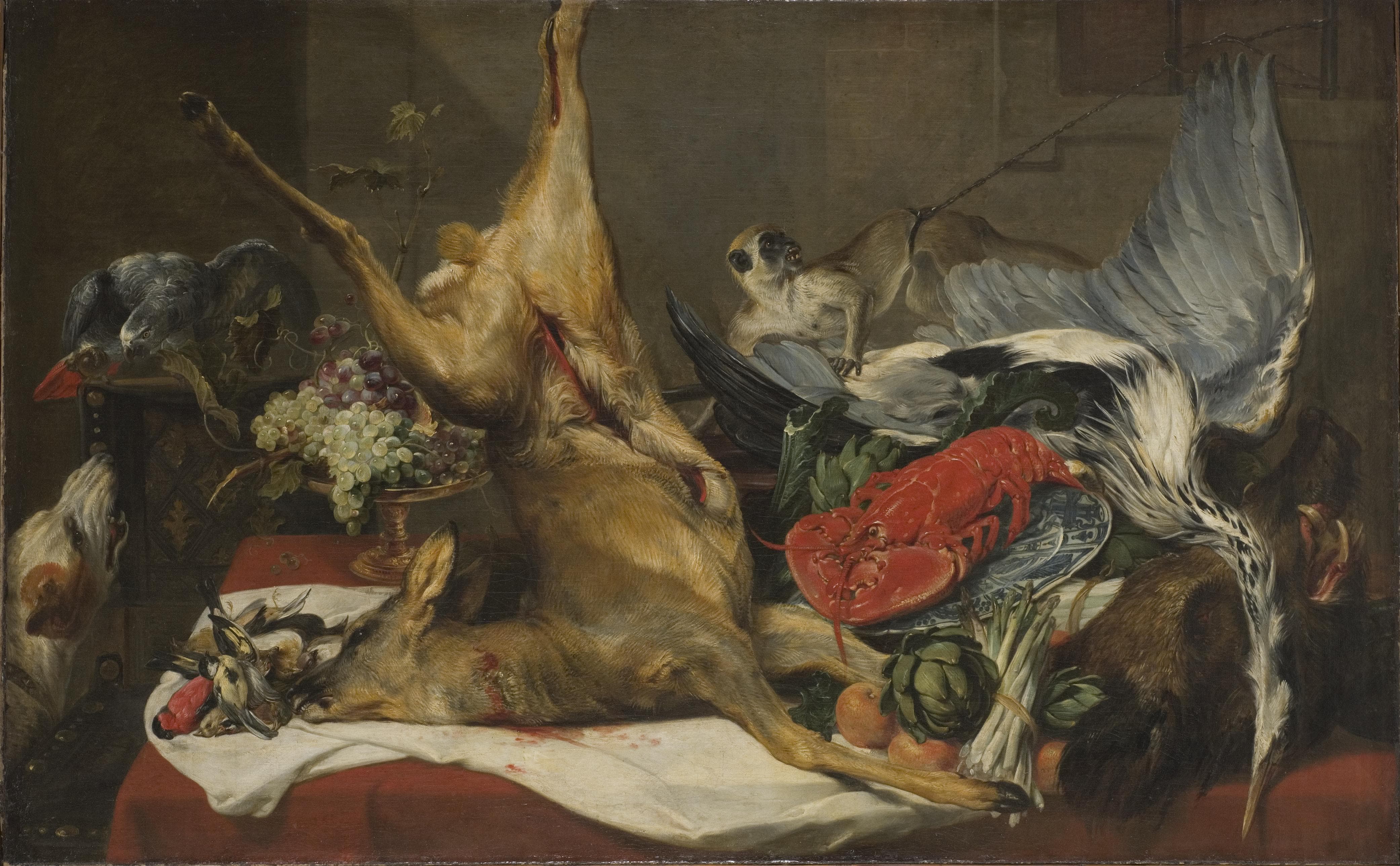 Still Life with Dead Game, a Monkey, and a Dog by Jan Weenix (c. 1700)