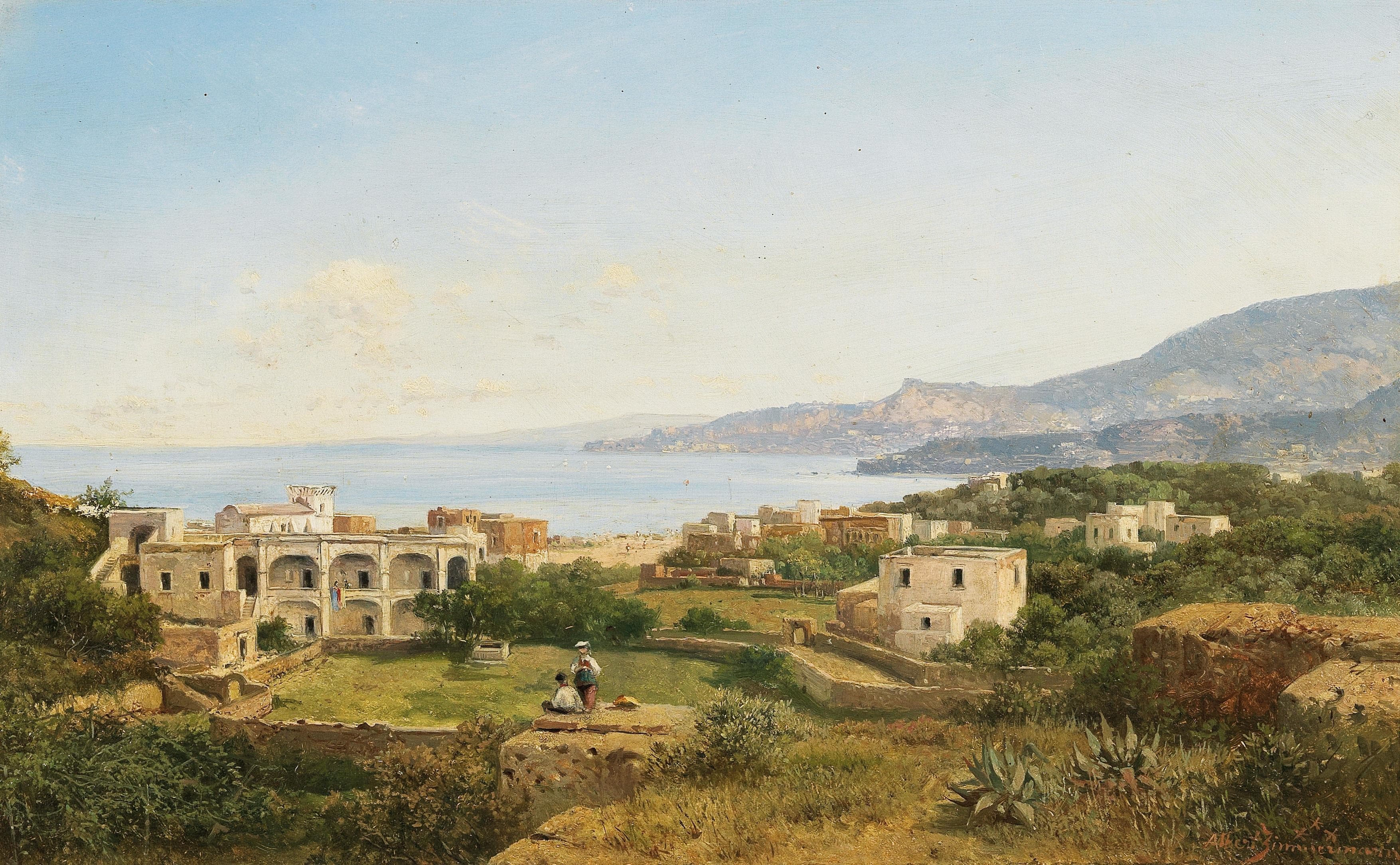 albert zimmermann italian coastal landscape with figures and villas (mid19th century)