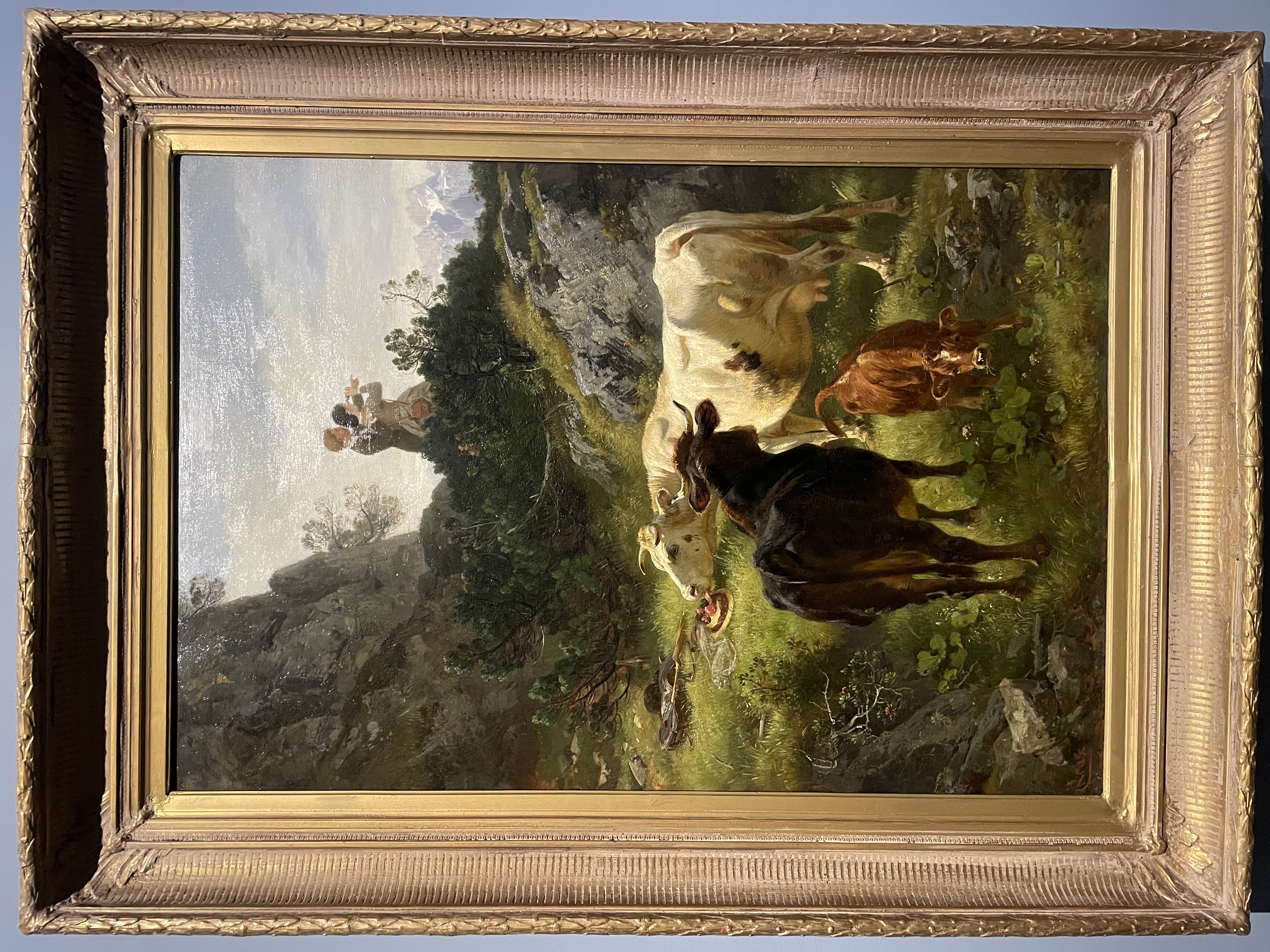 Alpine Landscape with Cows and Figures by Friedrich Voltz (c. 1860)