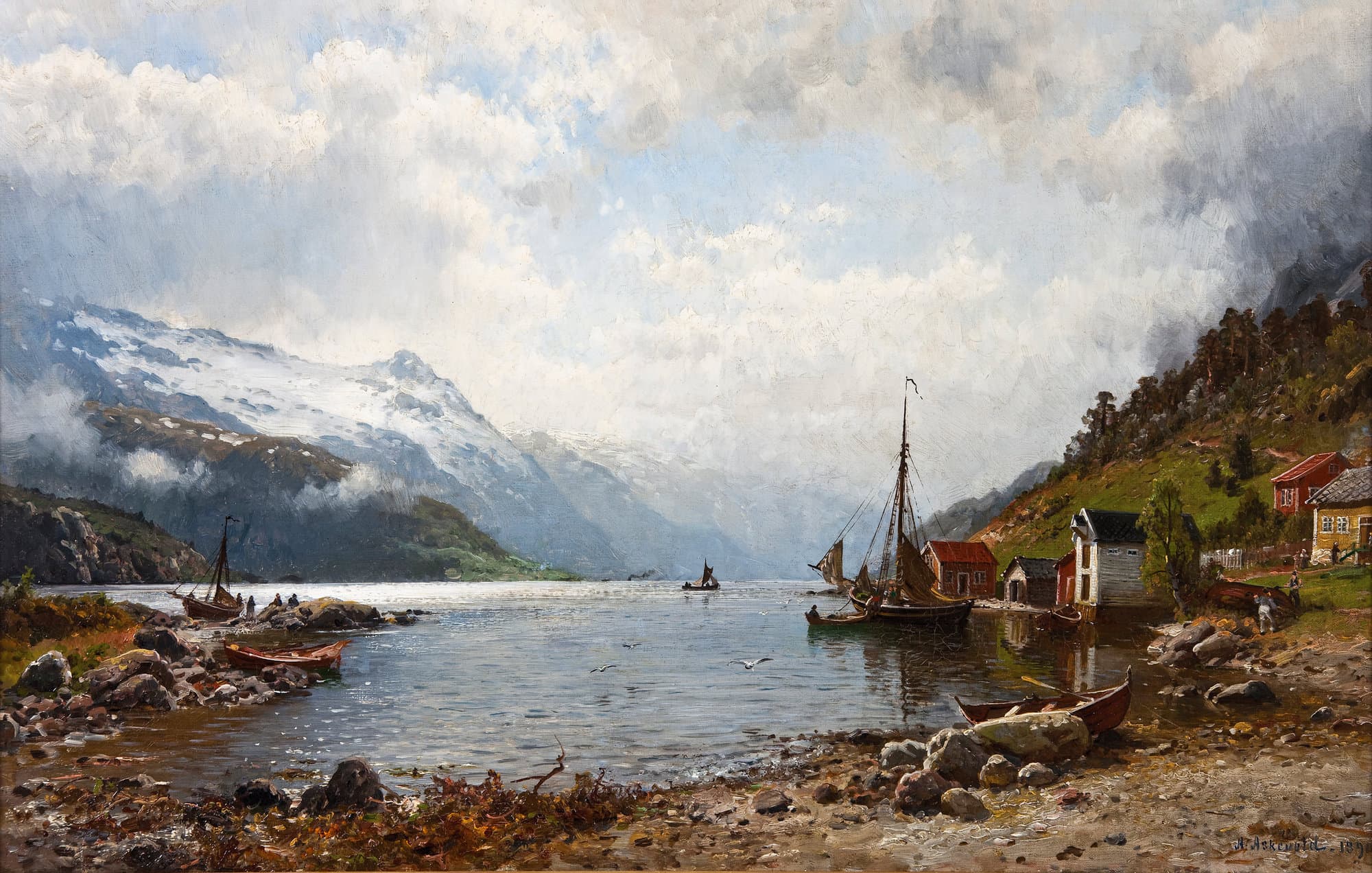 anders askevold norwegian fjord landscape with boats and cottages (1890)