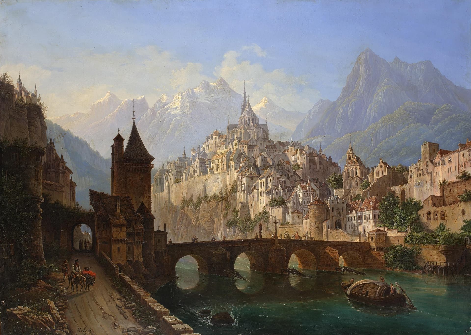 Ansicht einer Stadt an einem Fluss mit Gebirgslandschaft by Rudolf Ruller (1840)