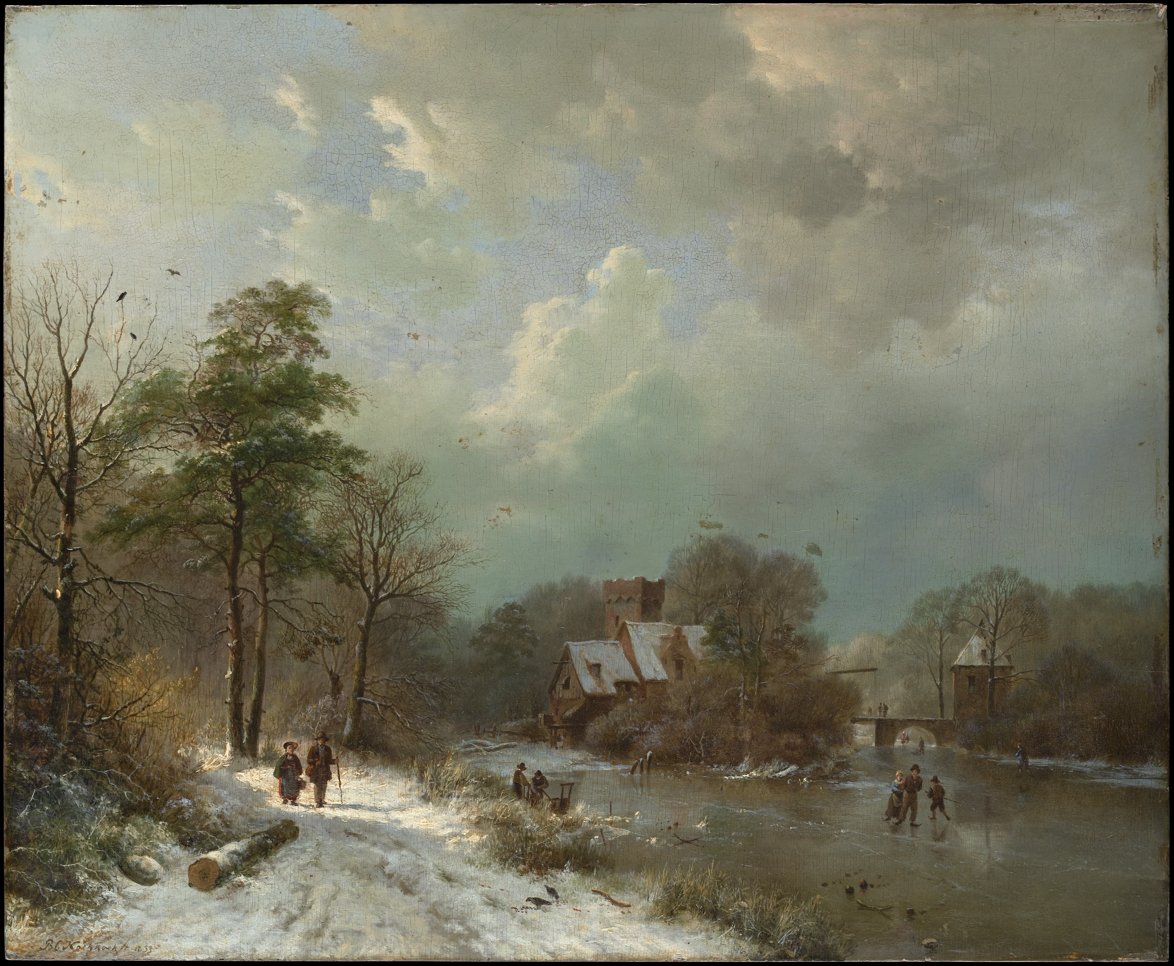 barend cornelis koekkoek winter landscape with skaters and pedestrians (1839)