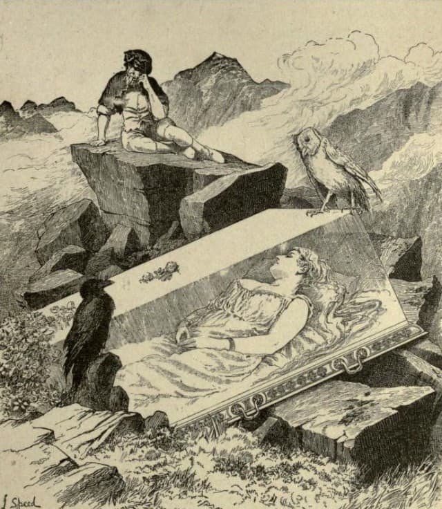 john speed mourner beside a coffin in a mountain landscape (late 1900s)
