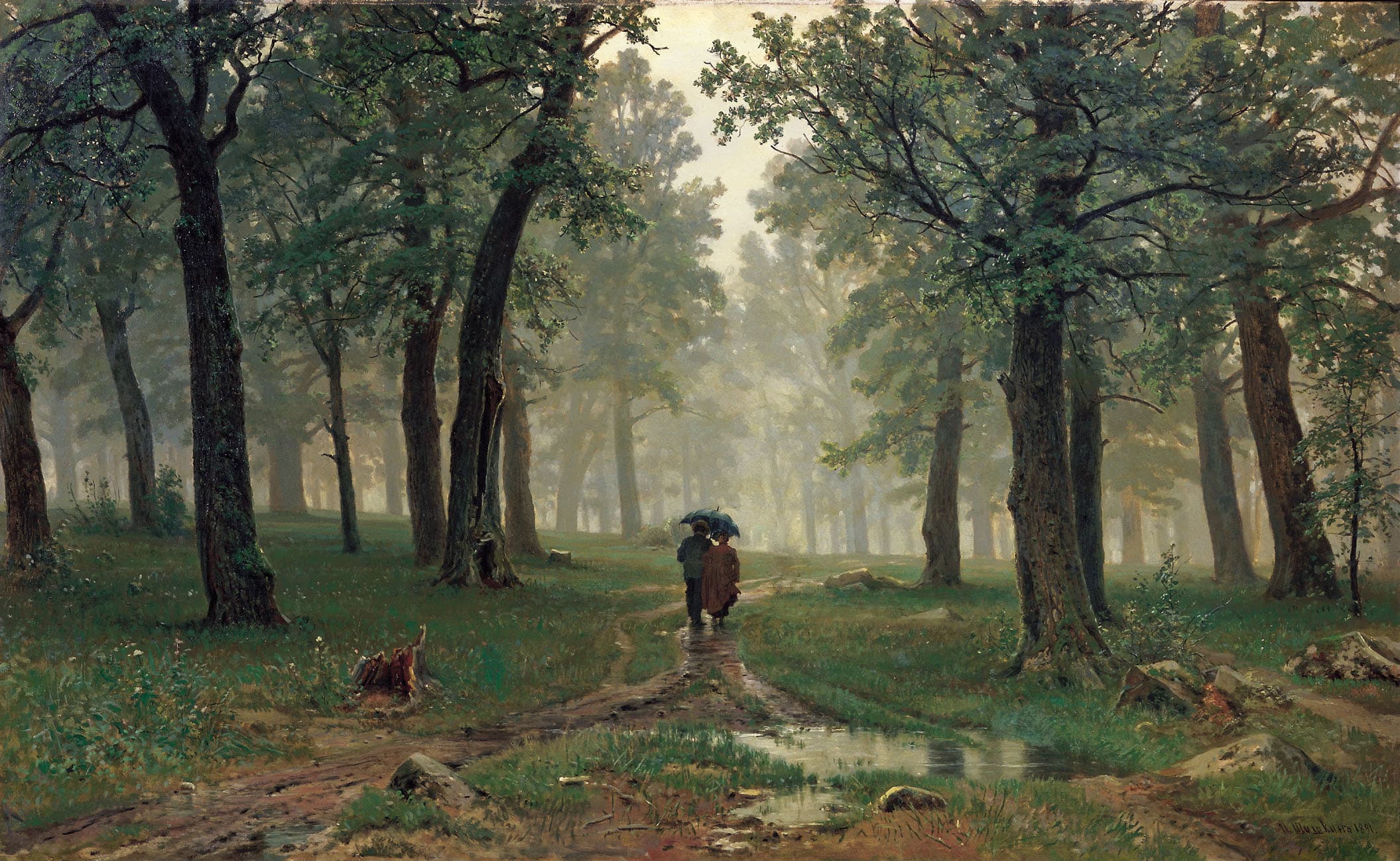 julius sergius von klever couple walking in a misty forest (1891)