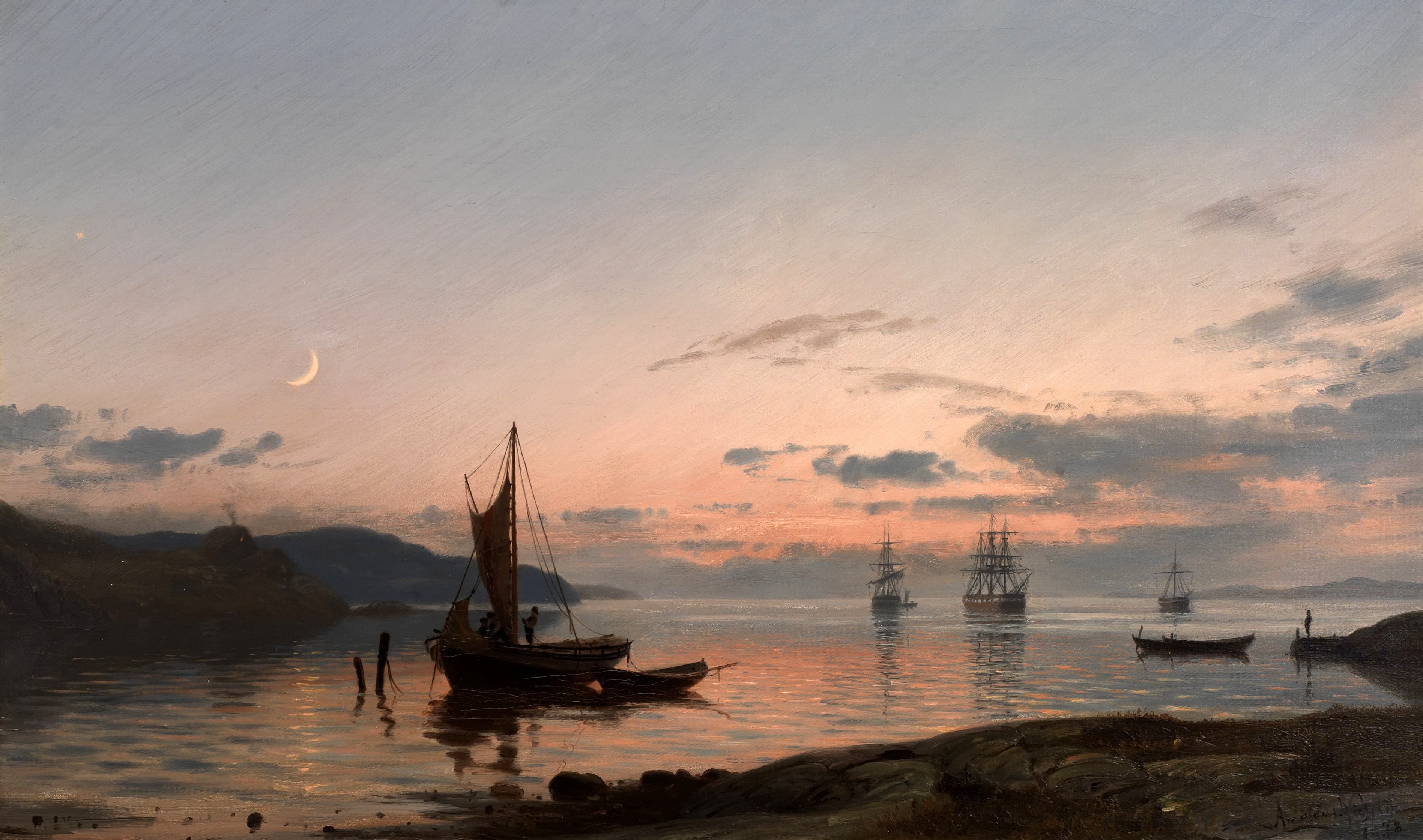 Kveld ved kysten (Evening on the Coast) by Amaldus Nielsen (1878)
