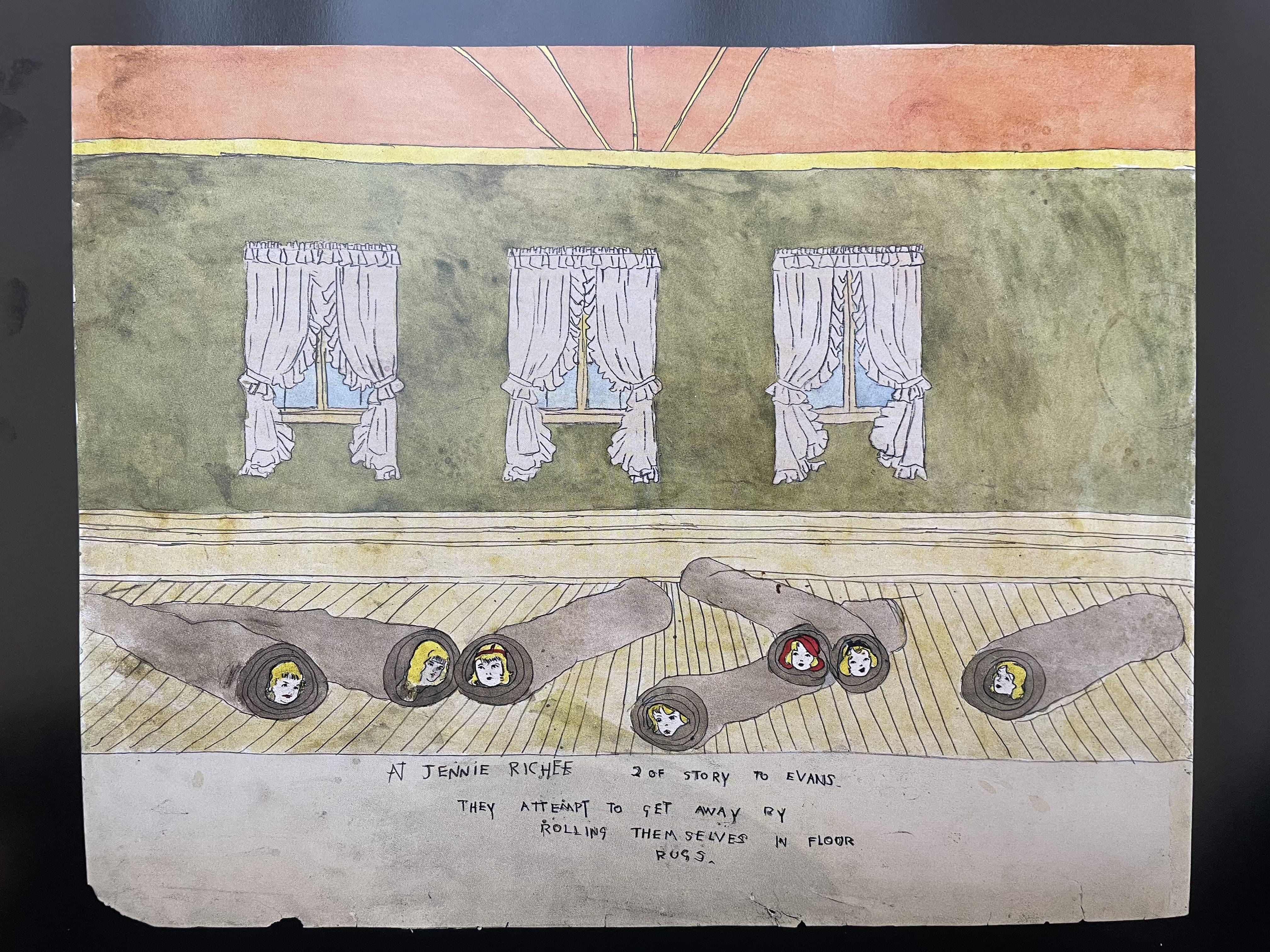 At Jennie Richée 2 of Story to Evans They Attempt to Get Away by Rolling Themselves in Floor Rugs by Henry Darger (c. 1940s)