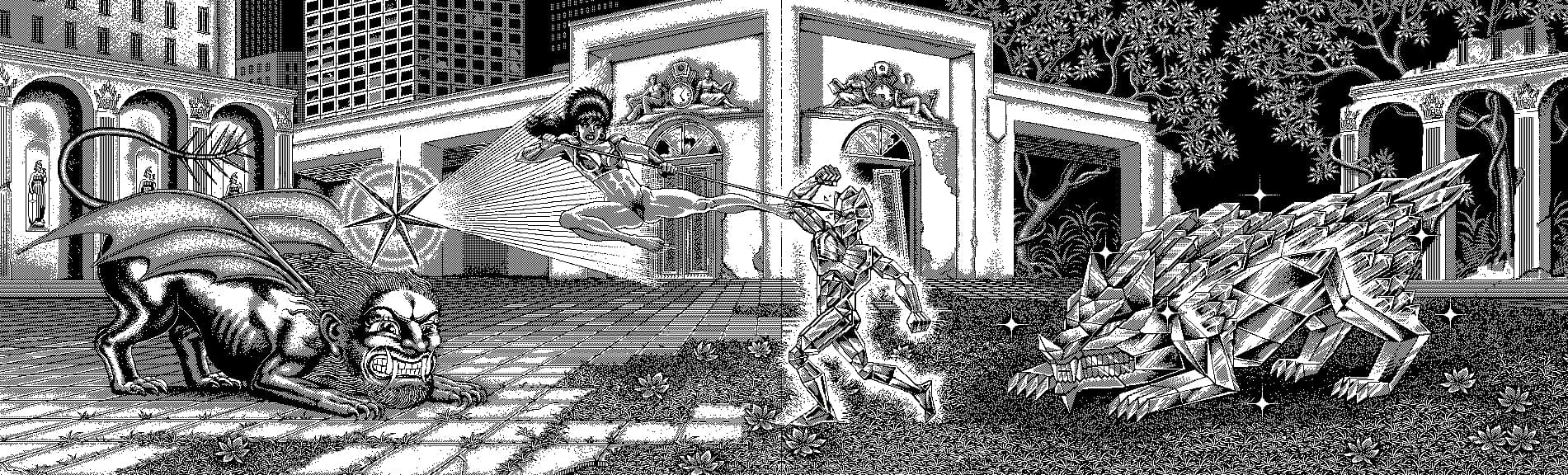 Black and White Dithered Illustration of a Woman Fighting a Geometric Figure and Monsters by Mark J. Ferrari (1990)