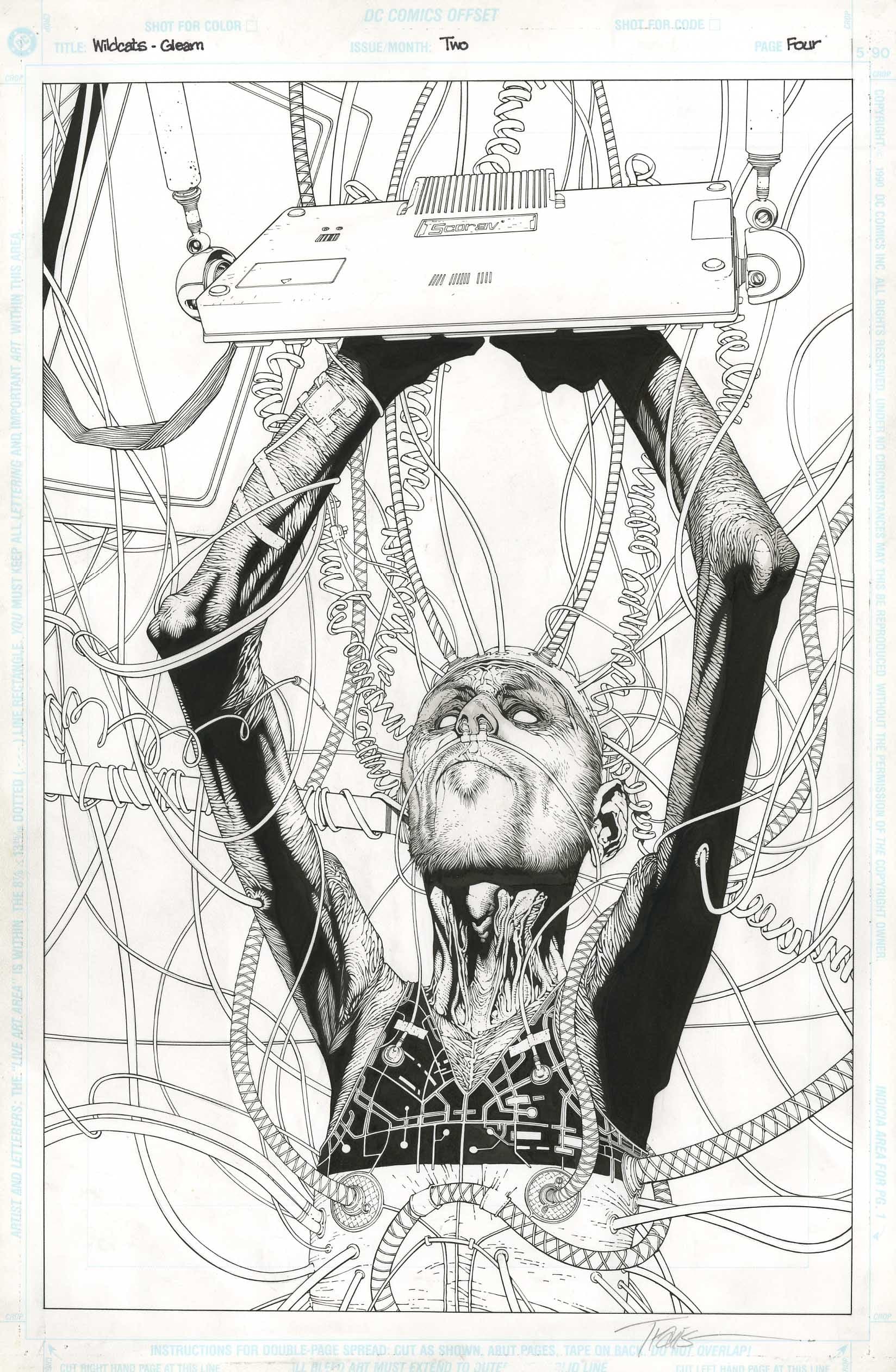 Black and White Ink Drawing of a Man Covered in Wires Holding a Device Overhead (1990)