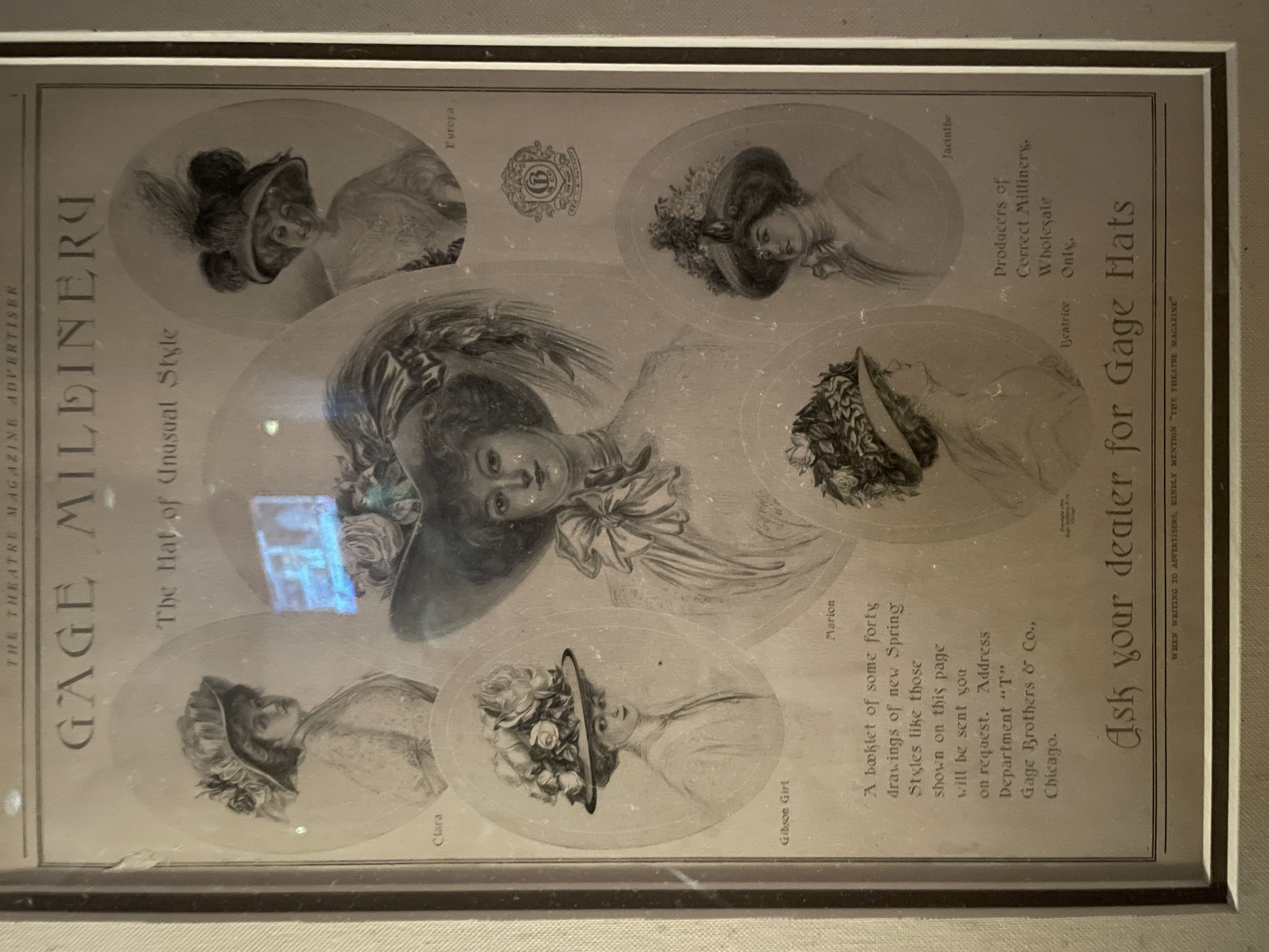 Black and White Magazine Advertisement for Gage Millinery featuring six portraits of women in hats (1904)