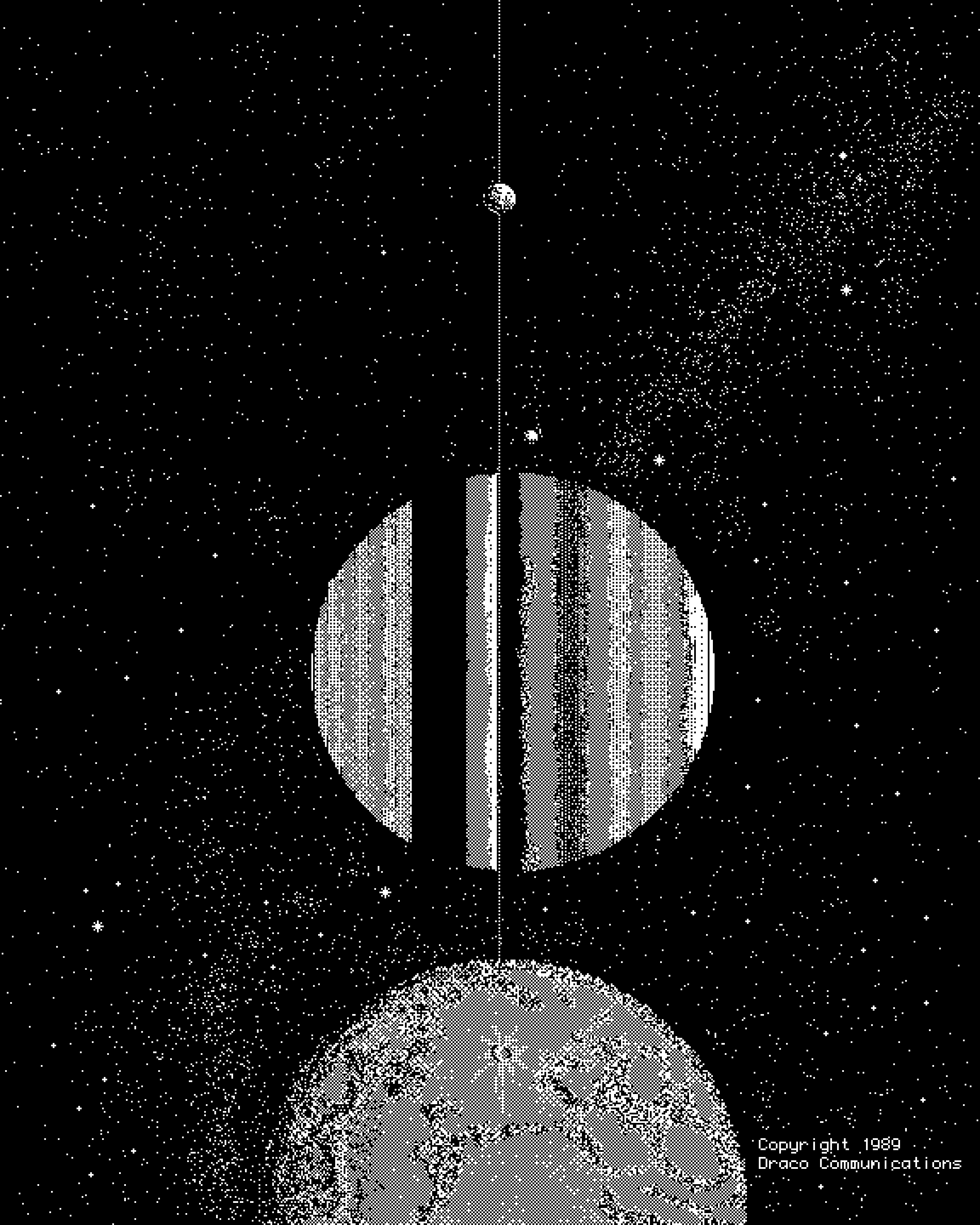 Black and White Pixel Art of Three Celestial Bodies in Space (1989)