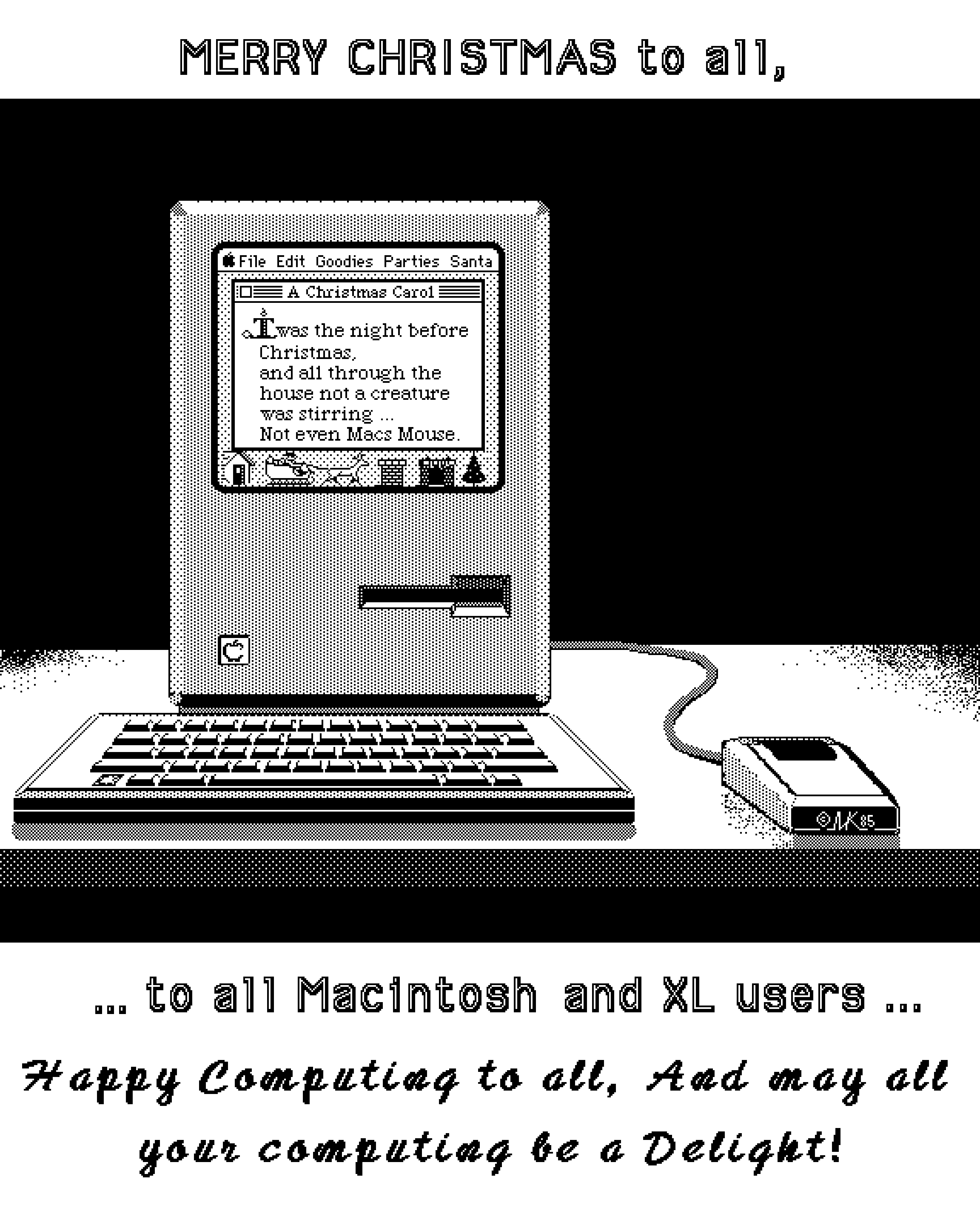 Black and white pixel graphic of a Macintosh computer displaying a Christmas greeting, signed 'JK 85' (1985)