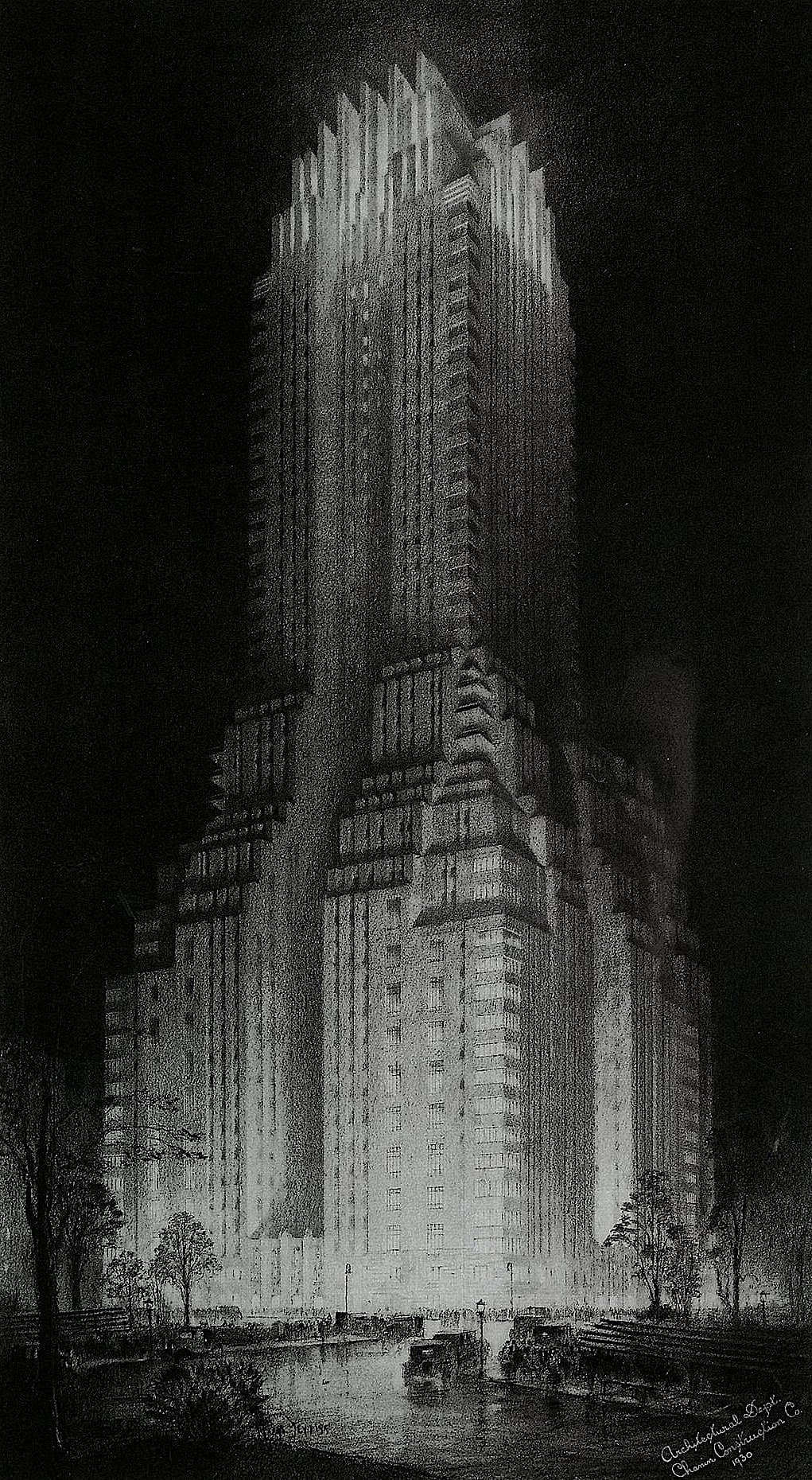 Charcoal Drawing of a Stepped Art Deco Skyscraper at Night (1930)