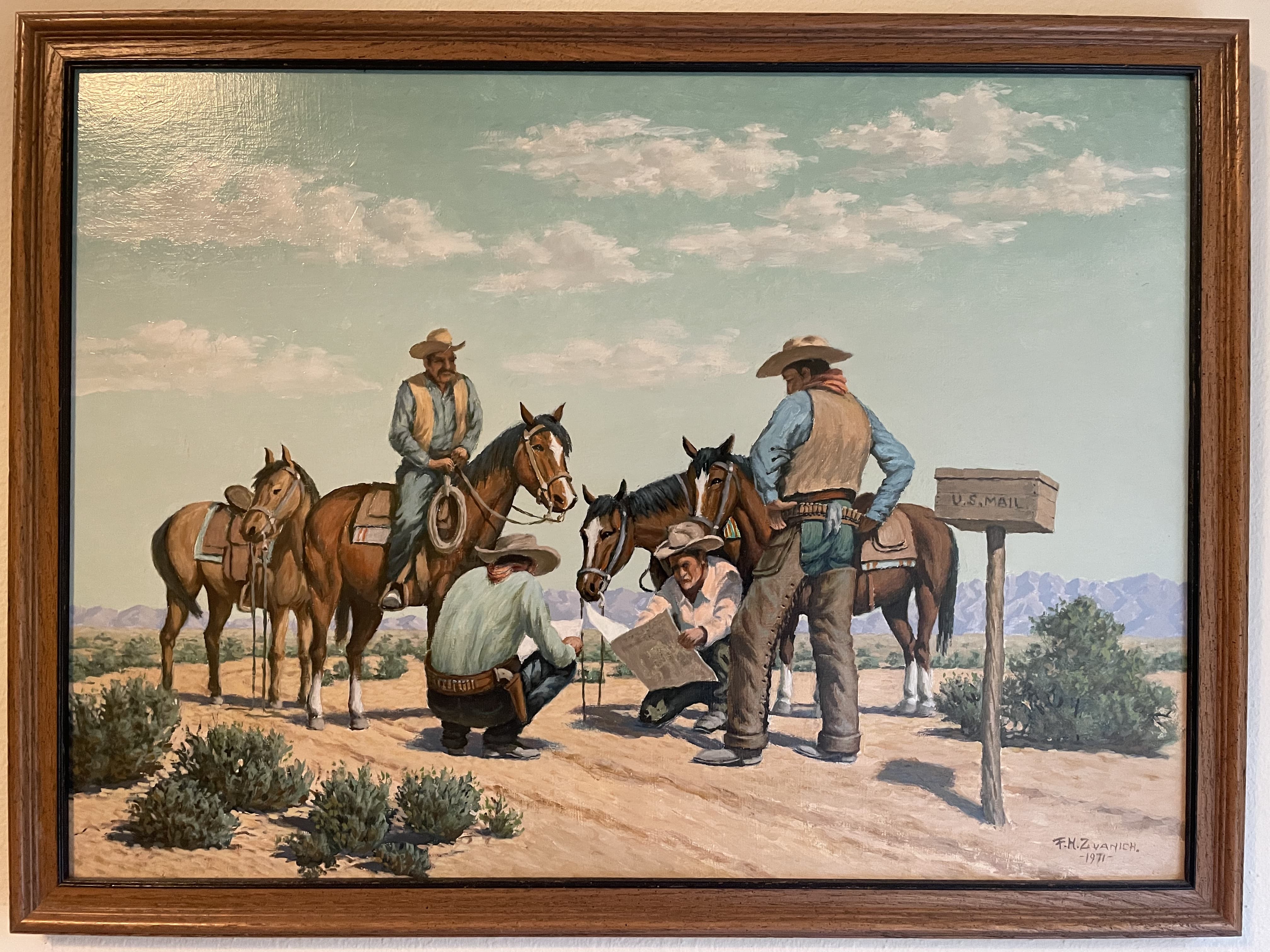Cowboys and Horses Checking a Map near a U.S. Mailbox by F. H. Zvanich (1971)