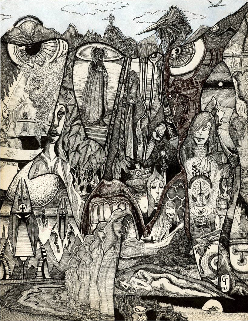 Detailed Black and White Surreal Composition with Figures and Eyes (1988)