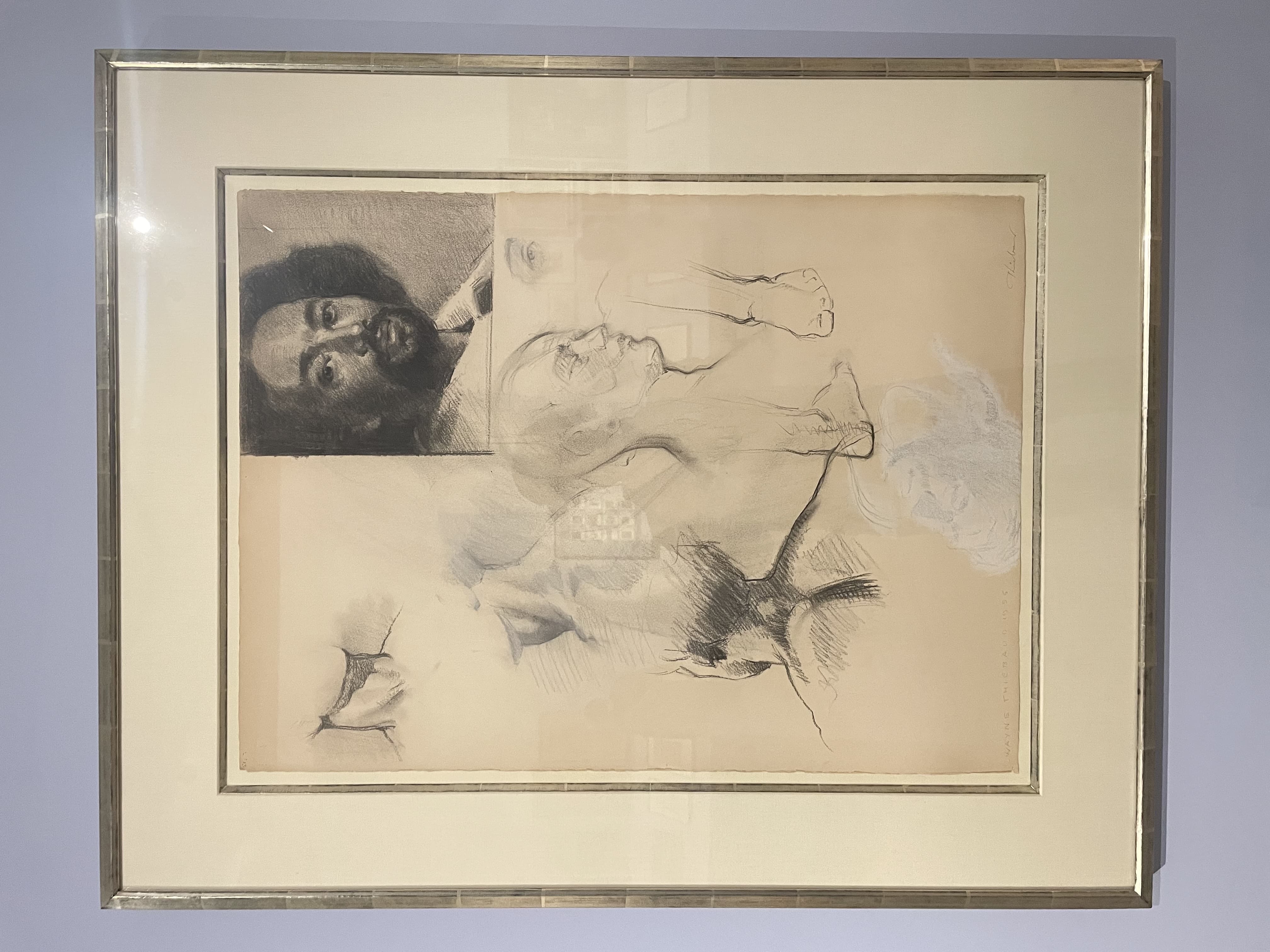 Drawing of multiple studies of human heads, faces, and body parts by Wayne Thiebaud (1956)