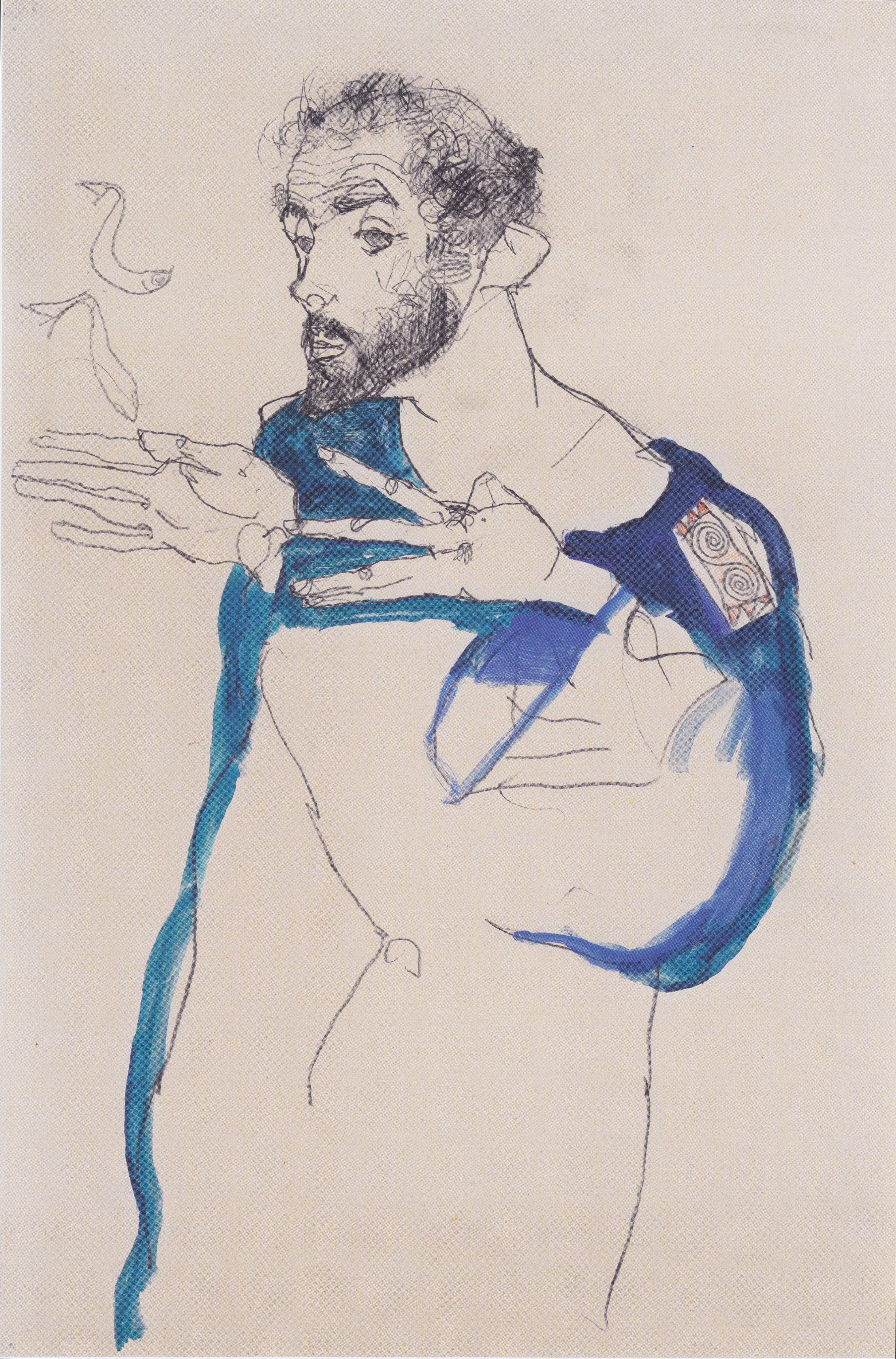 Gustav Klimt im blauen Malerkittel by Egon Schiele (1913)