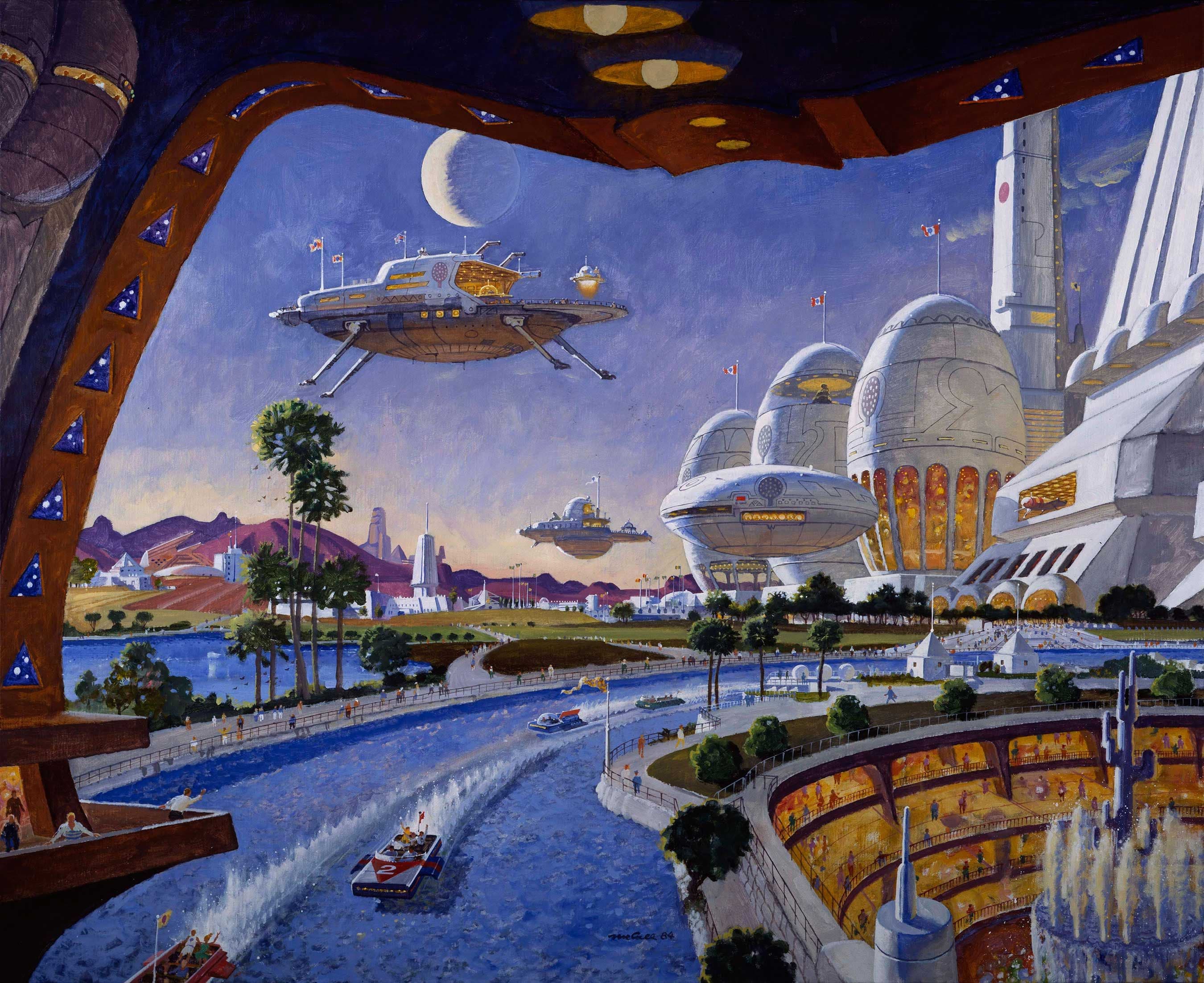 Futuristic Cityscape with Flying Vehicles and Canal by Mac Grea (1984)