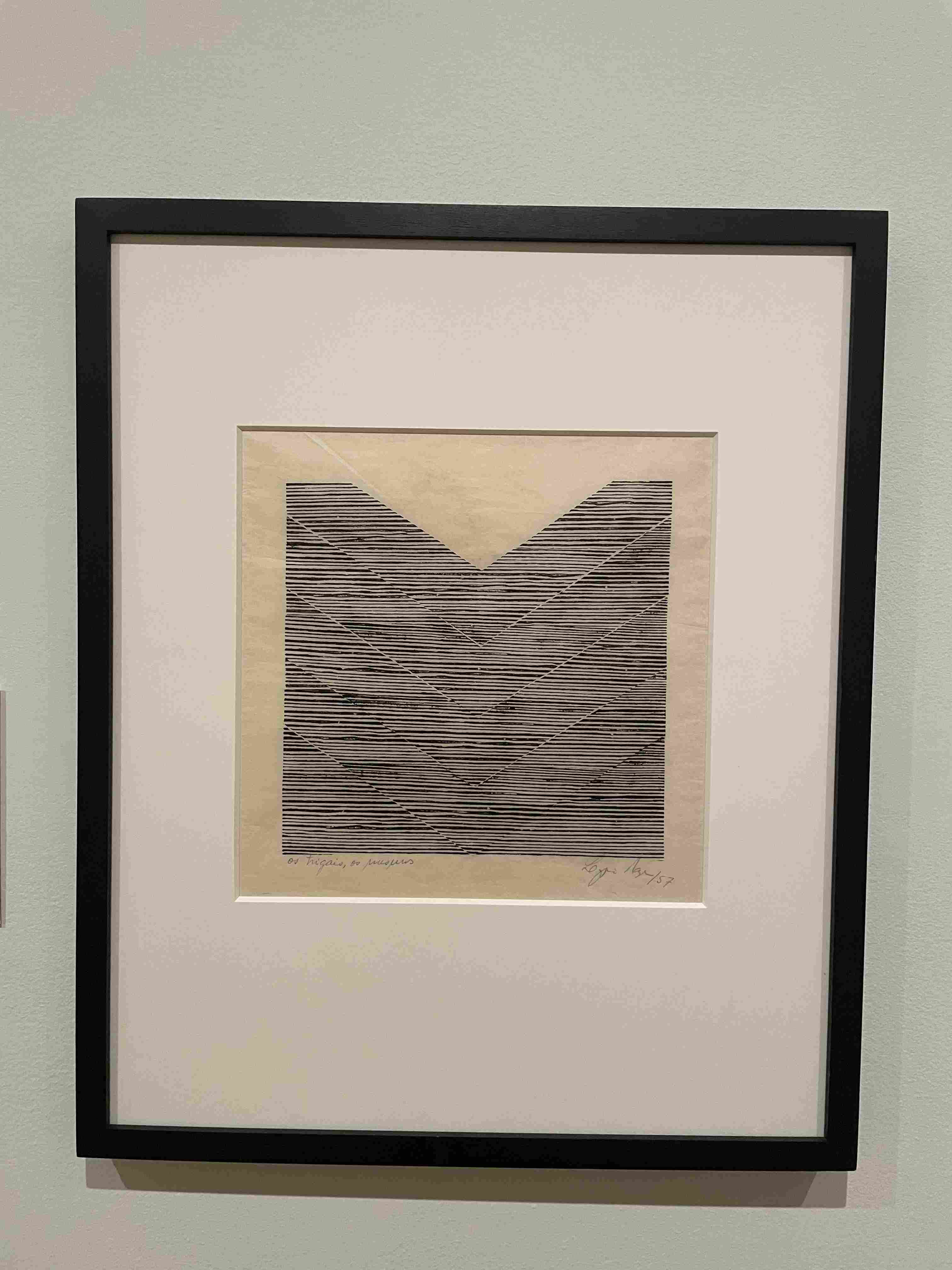 Geometric print with black horizontal lines forming a downward chevron by Lygia Pape (1967)